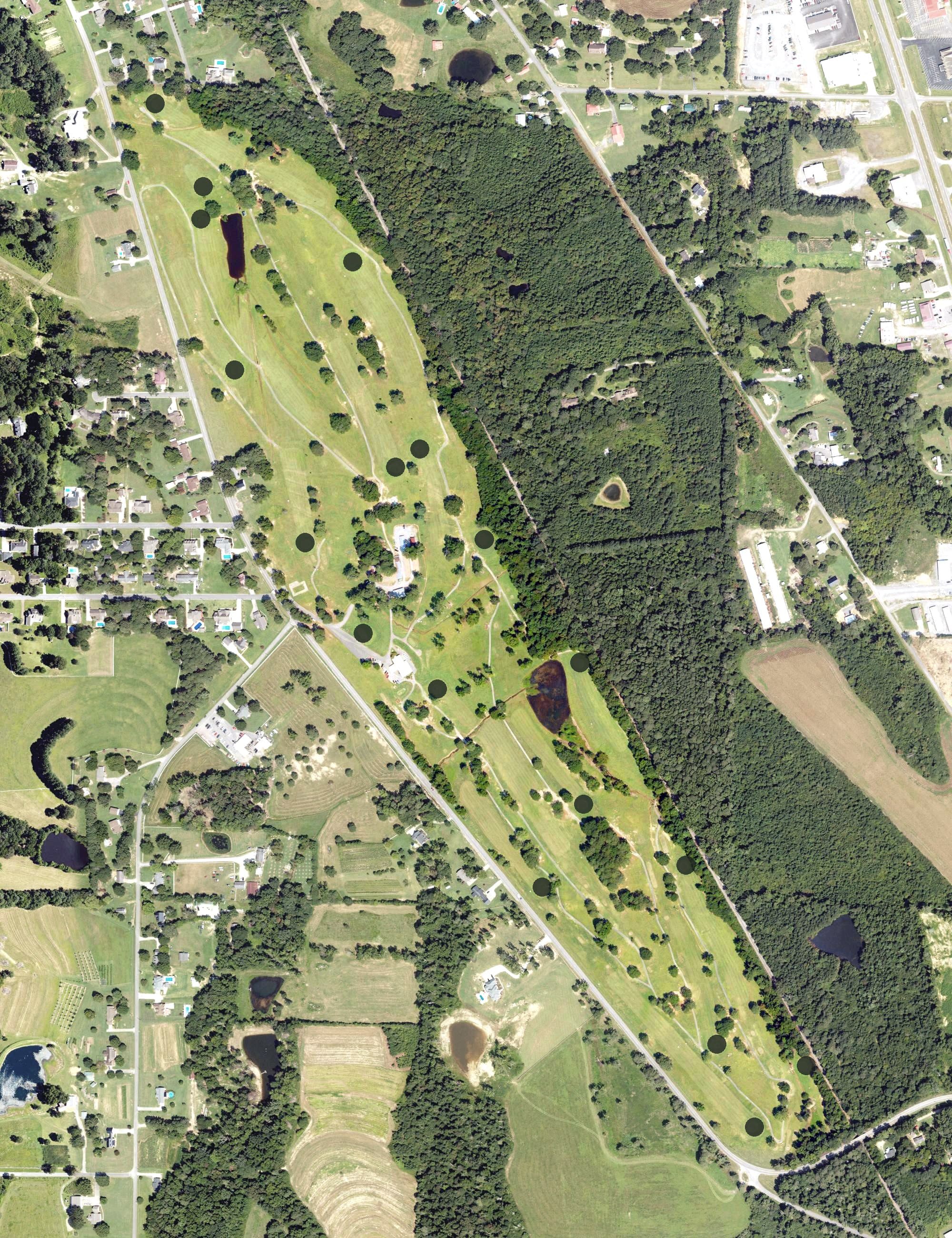 Aerial view of Boaz Golf and Country Club, AL, with its hole routing marked
