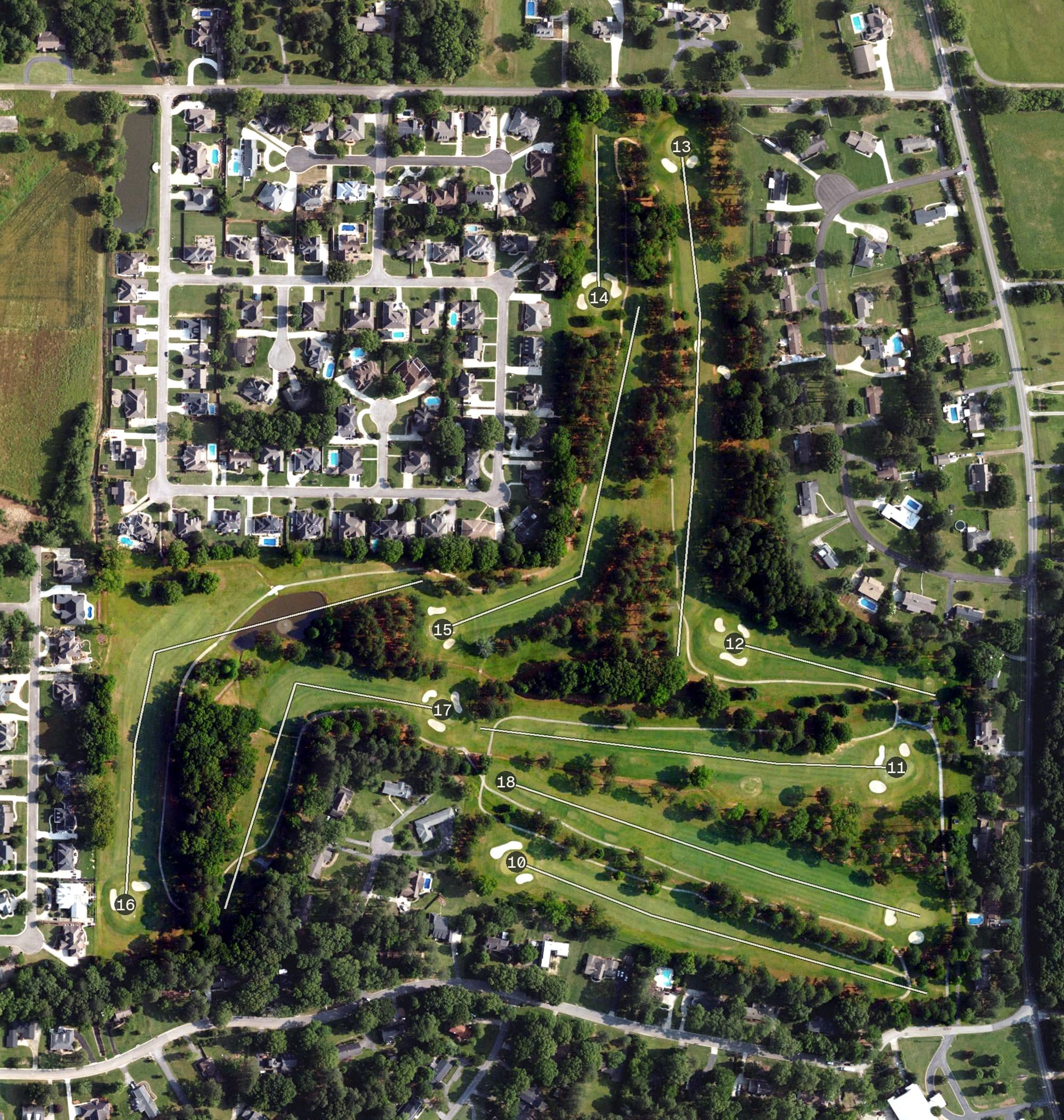 Aerial view of Burning Tree Country Club, AL, with its hole routing marked