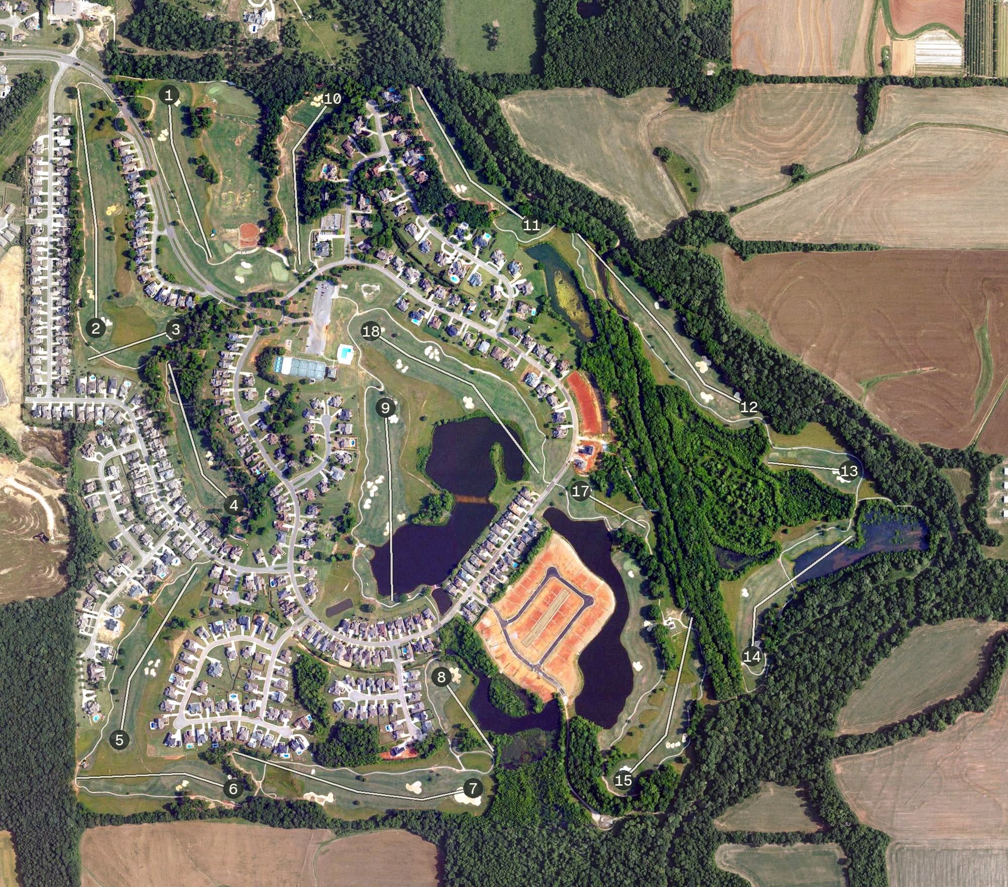 Aerial view of Canebrake Club, AL, with its hole routing marked