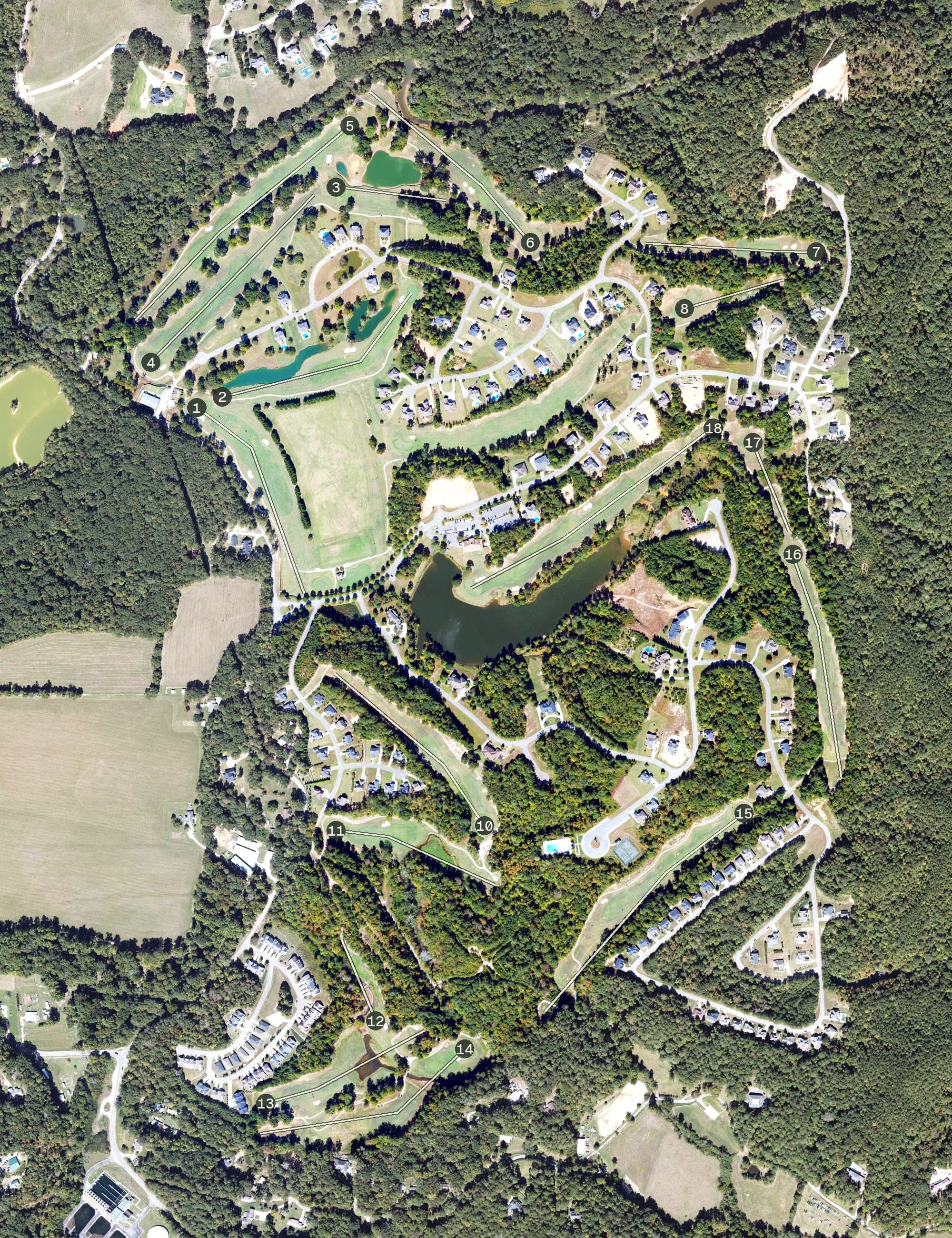 Aerial view of Cider Ridge Golf Club, AL, with its hole routing marked