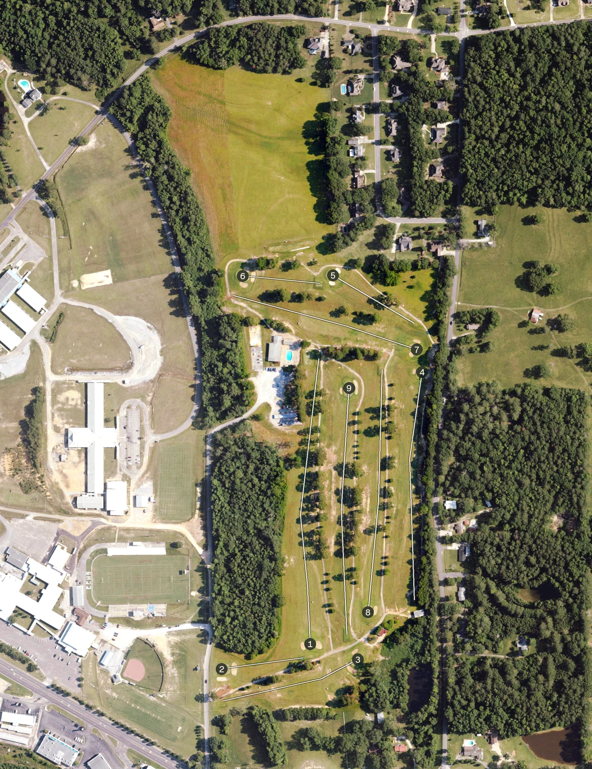 Aerial view of Clanton Country Club, AL, with its hole routing marked