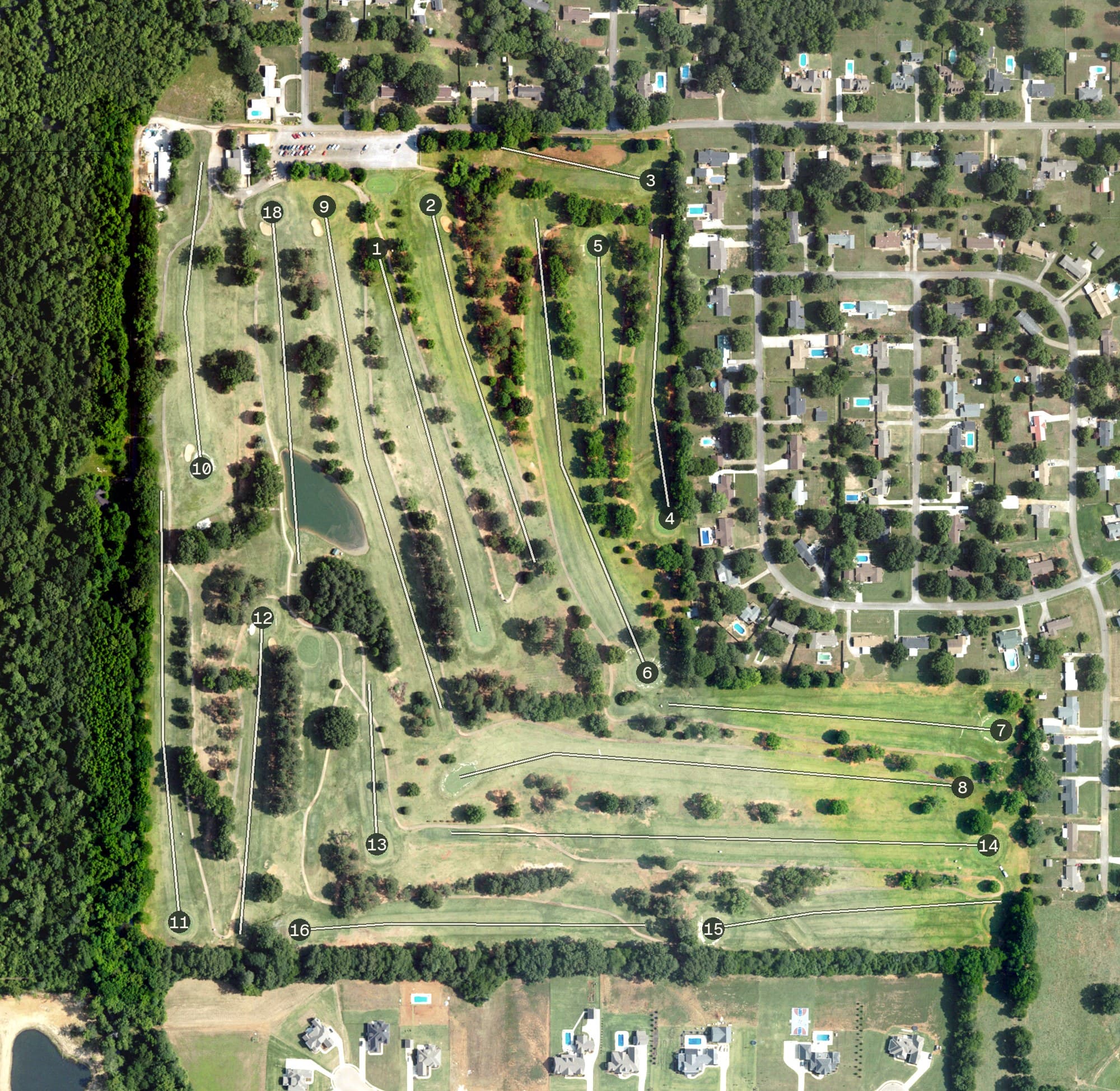 Aerial view of Colonial Golf Club, AL, with its hole routing marked