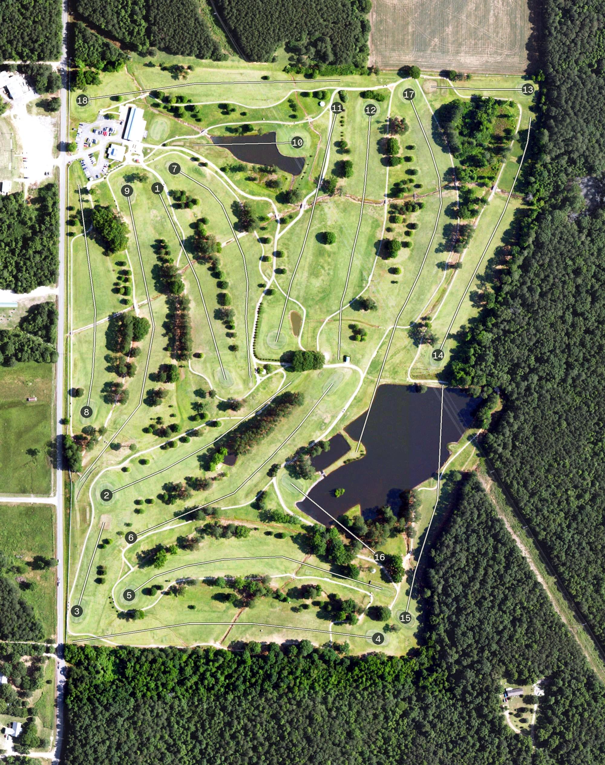 Aerial view of Cullman Golf Course, AL, with its hole routing marked