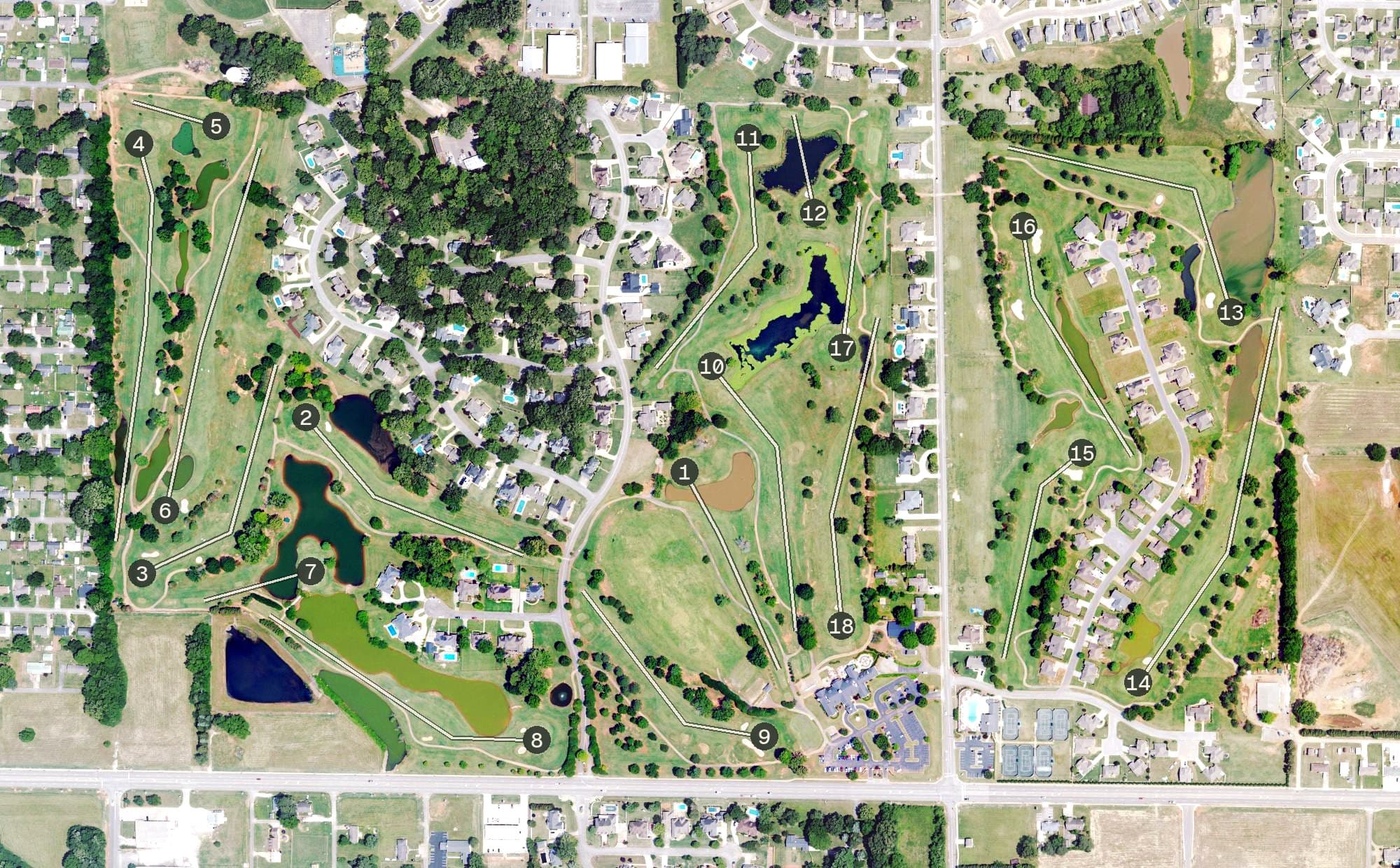 Aerial view of Cypress Lakes Golf & Country Club, AL, with its hole routing marked