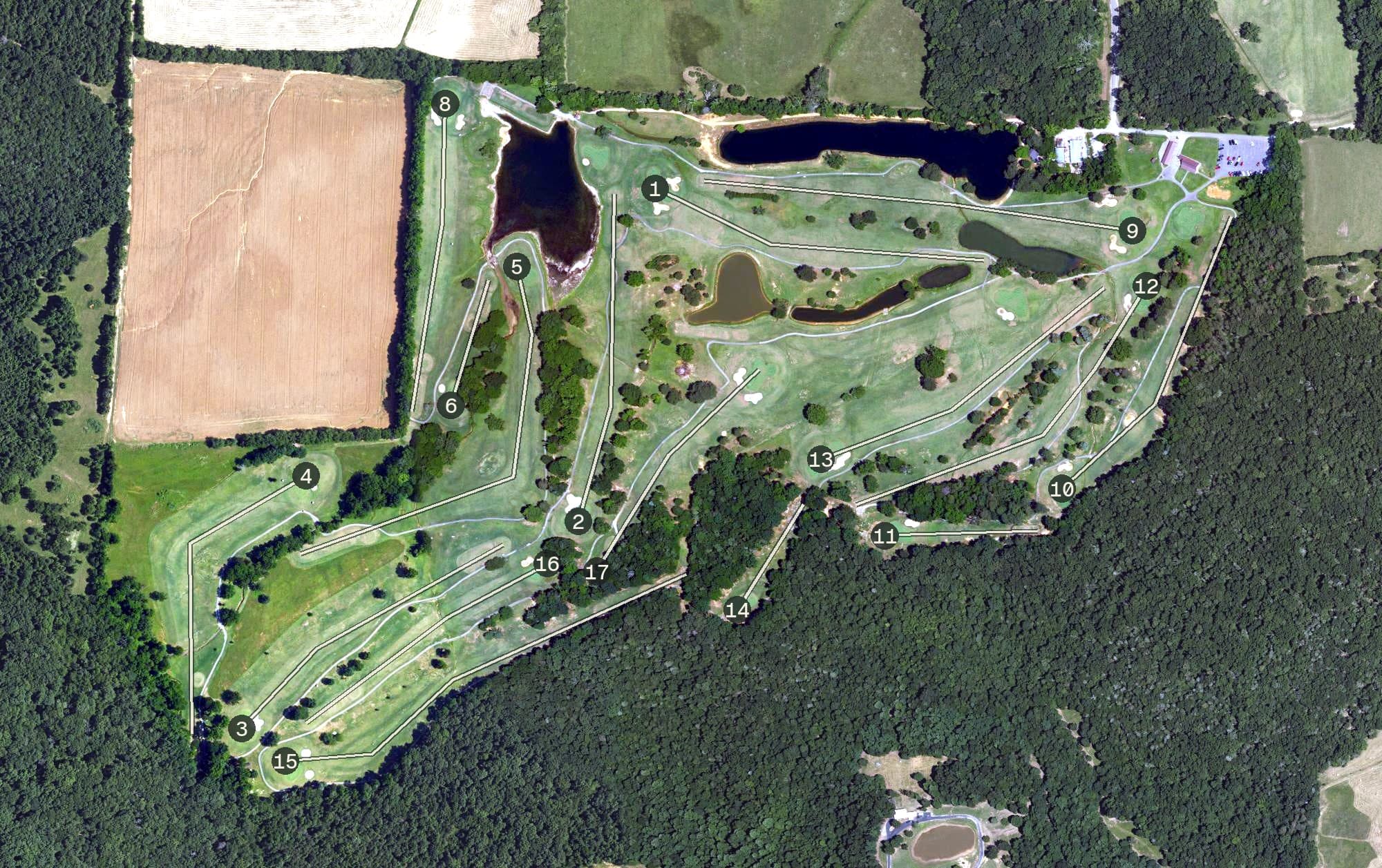Aerial view of Deer Run Golf Course, AL, with its hole routing marked