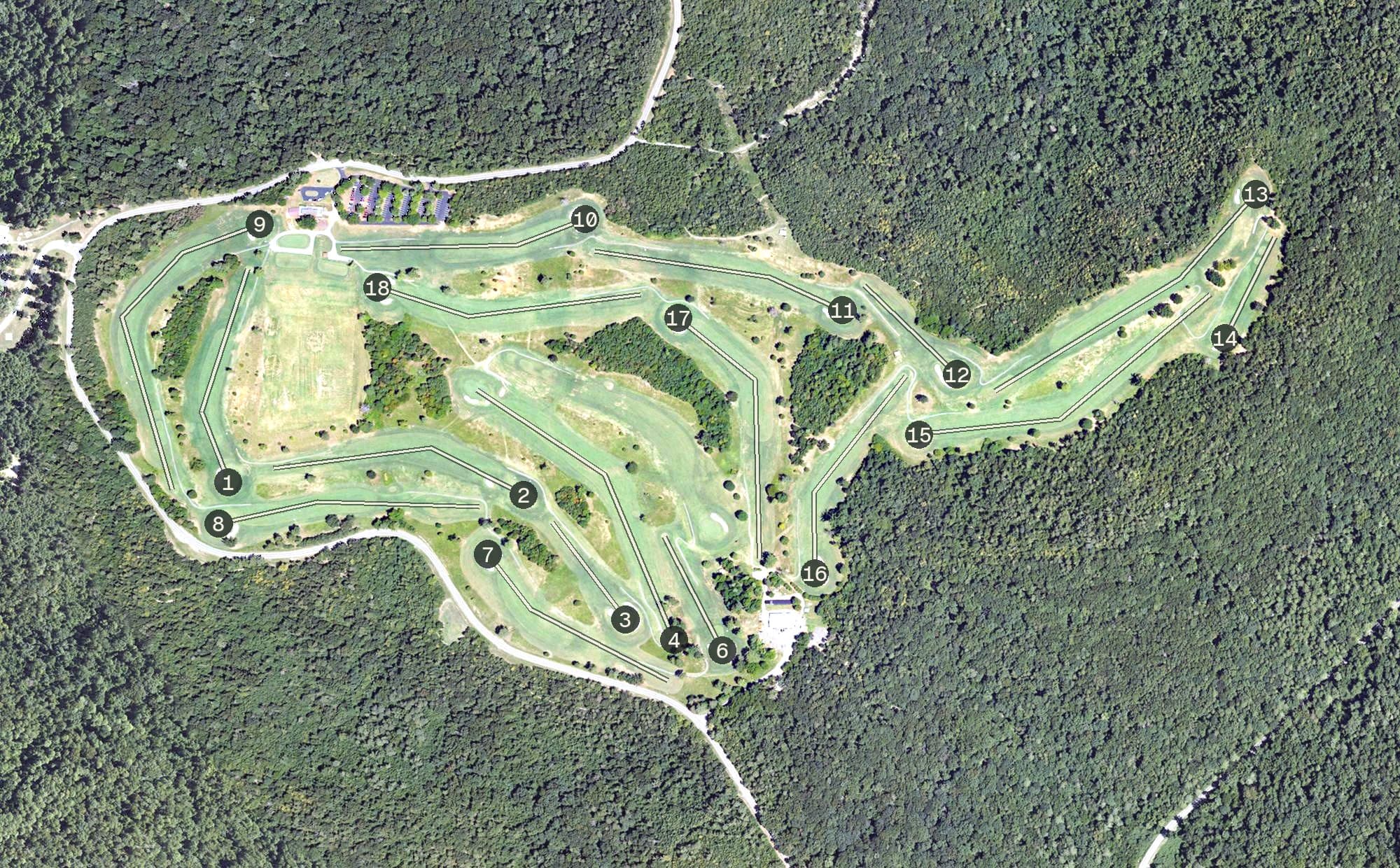 Aerial view of Eagle's Nest Golf Course, AL, with its hole routing marked