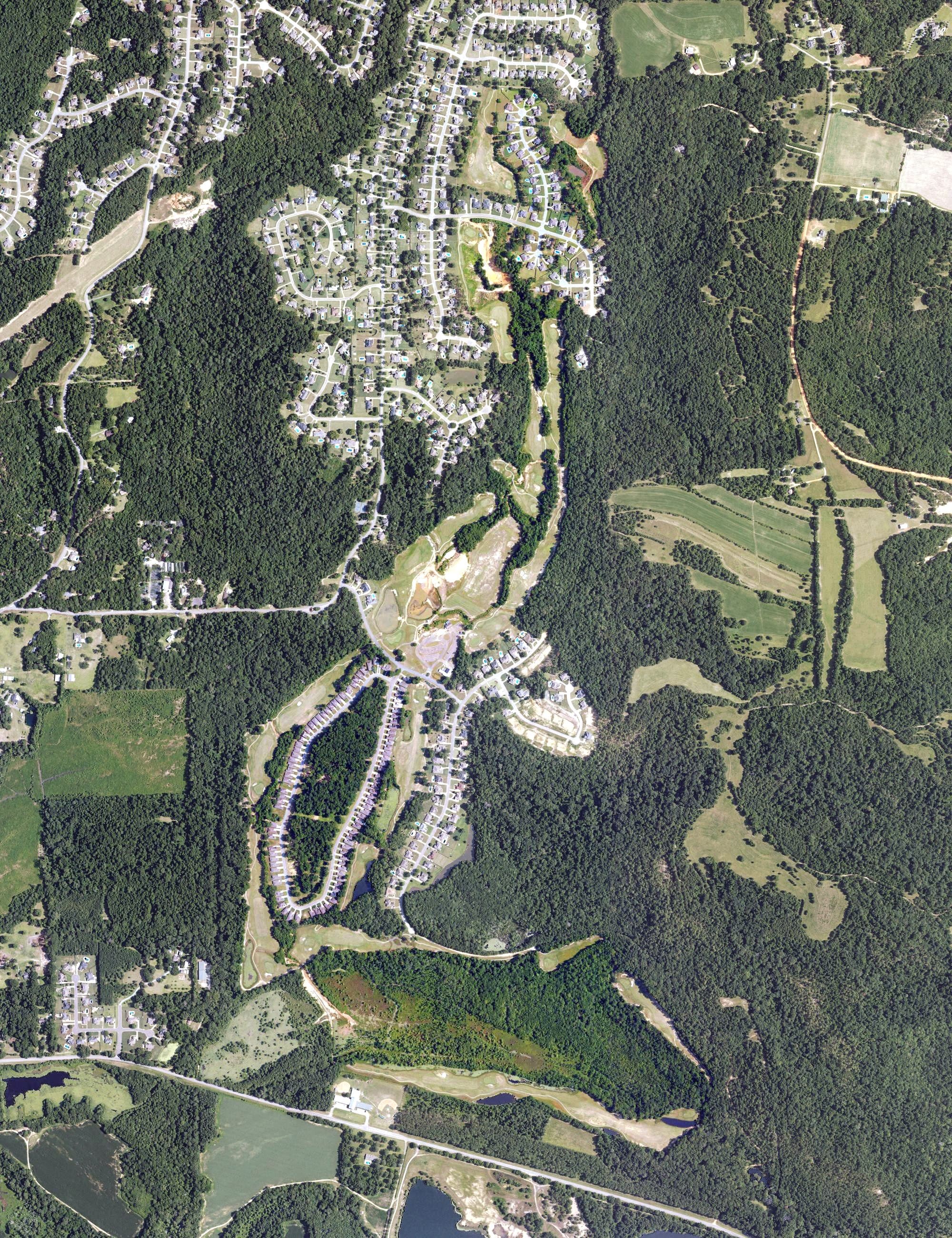 Aerial view of Emerald Mountain Golf Club, AL, with its hole routing marked