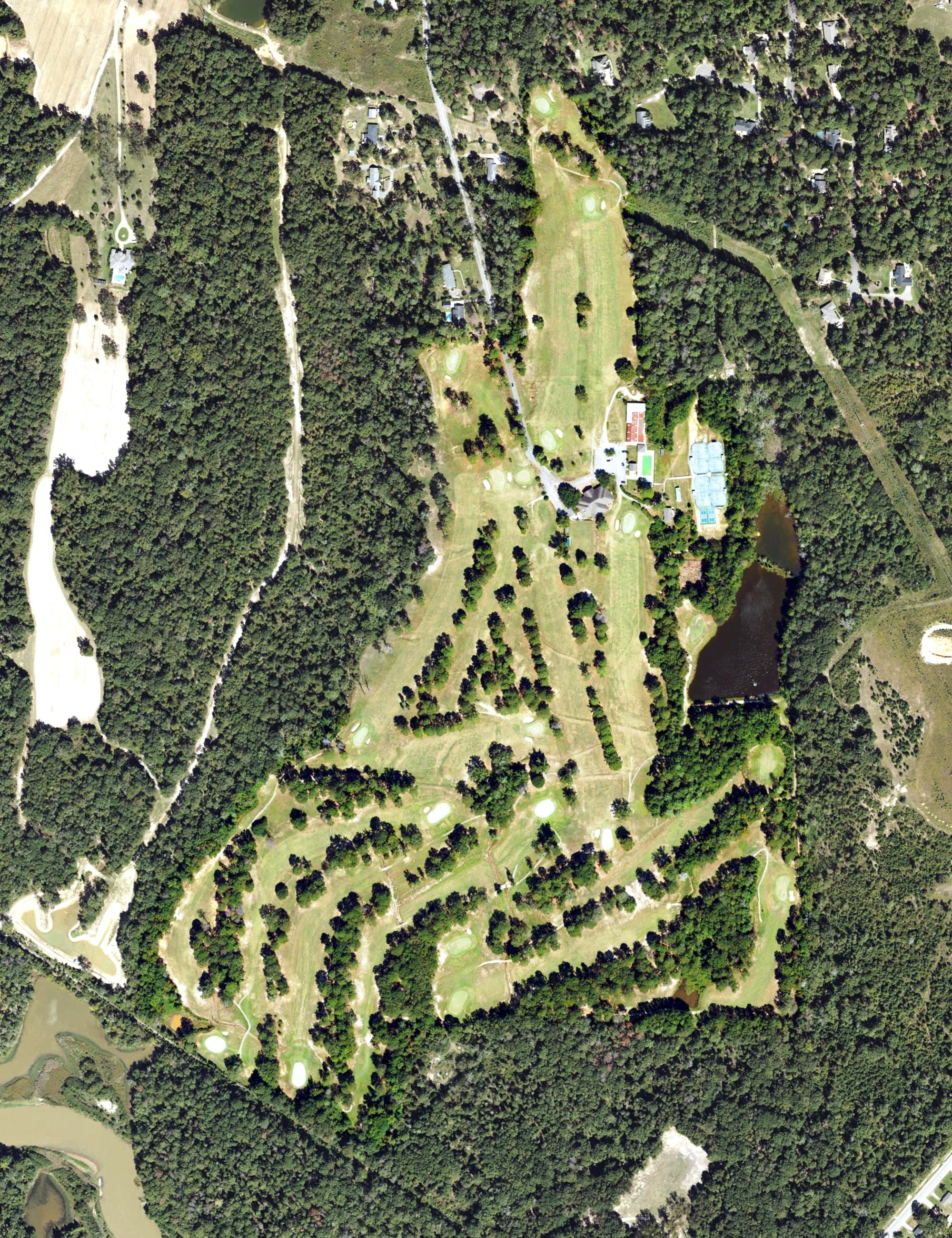 Aerial view of Eufaula Country Club, AL, with its hole routing marked