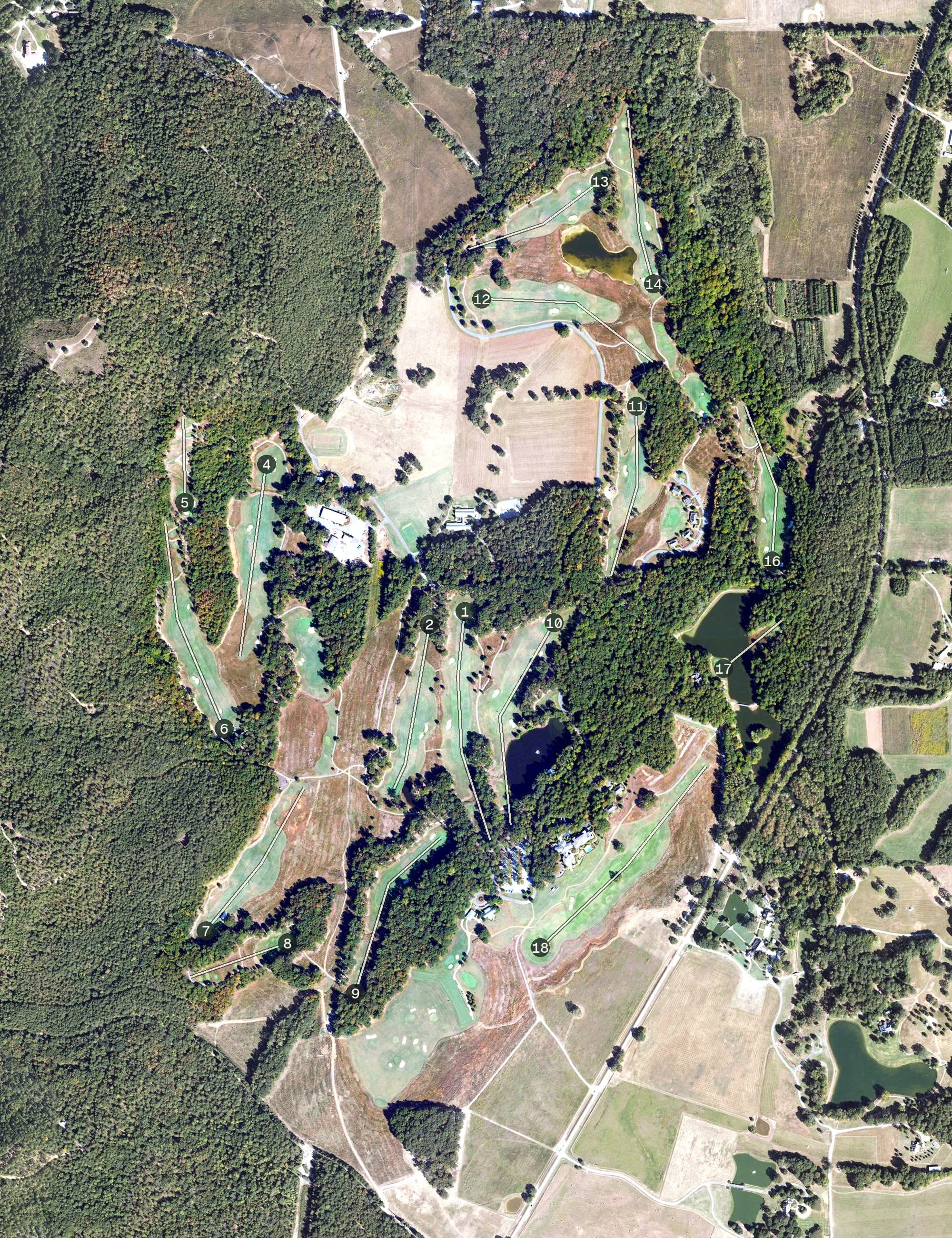 Aerial view of FarmLinks Golf Course at Pursell Farms, AL, with its hole routing marked