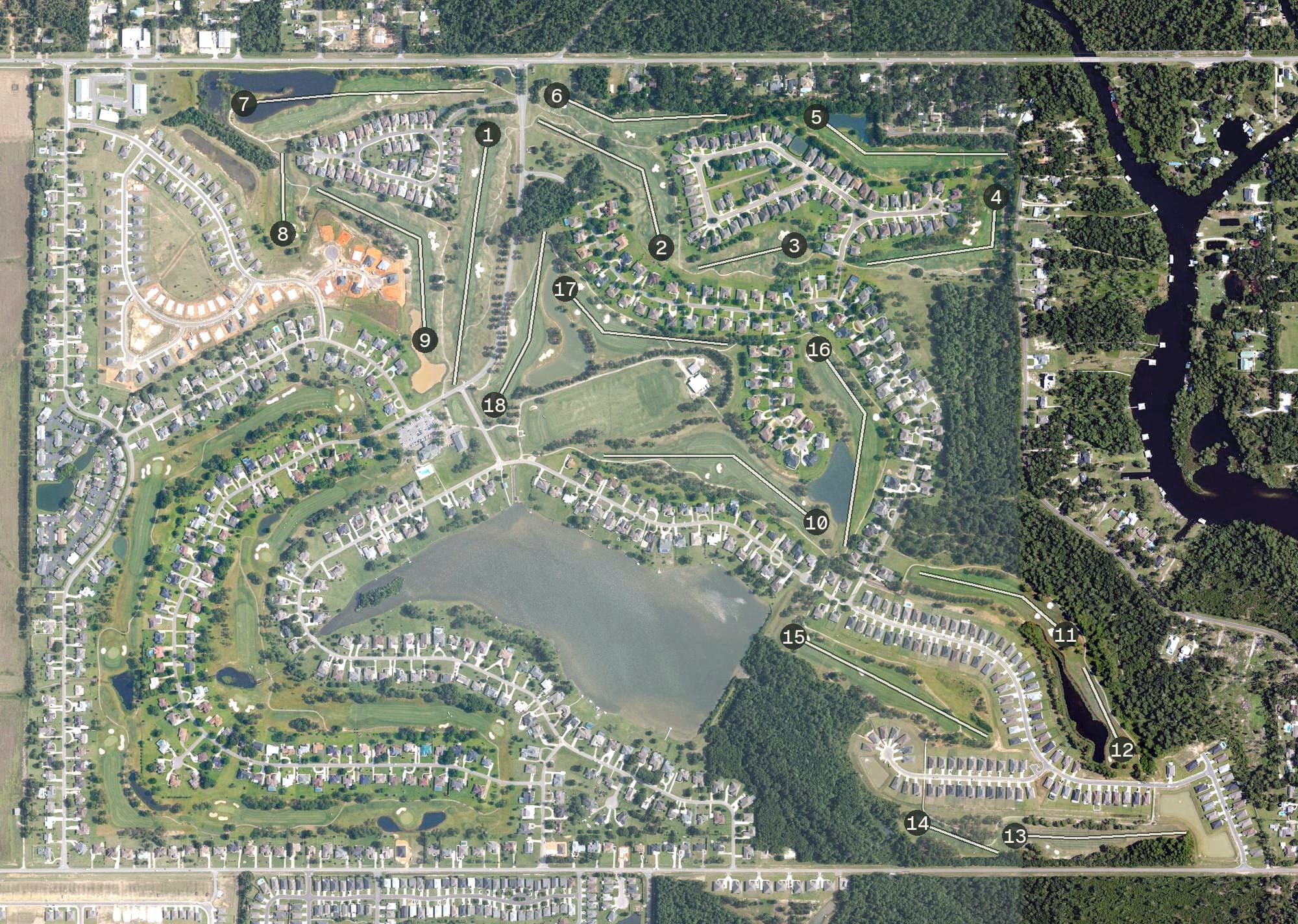 Aerial view of Glenlakes Golf Club, AL, with its hole routing marked