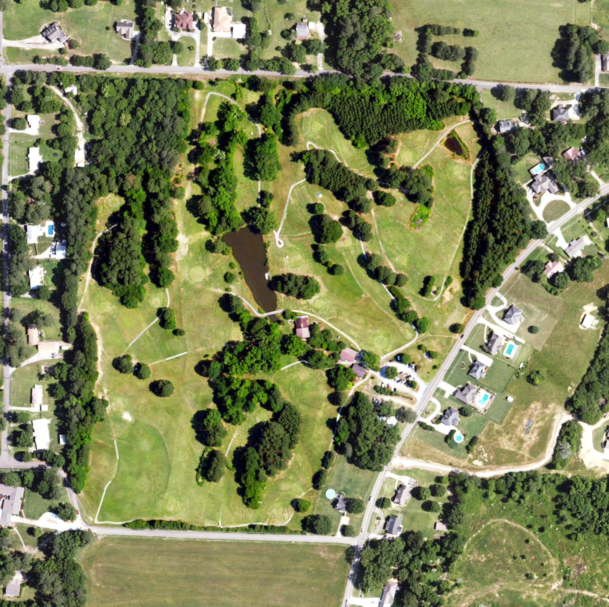 Aerial view of Green Brian Golf Course, AL, with its hole routing marked