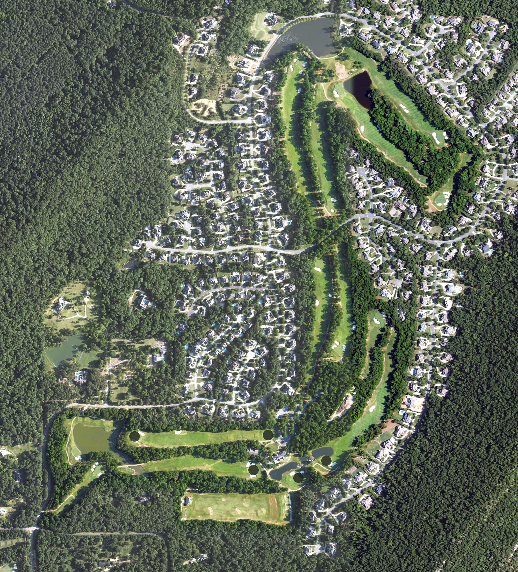 Aerial view of Greystone G&CC Legacy, AL, with its hole routing marked