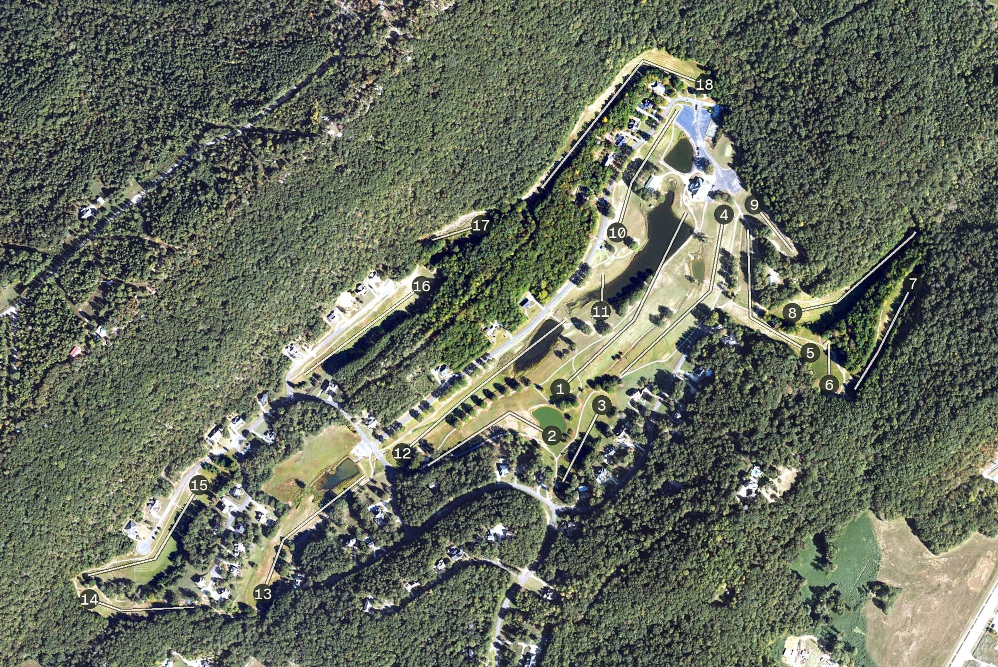 Aerial view of Heritage Golf, AL, with its hole routing marked