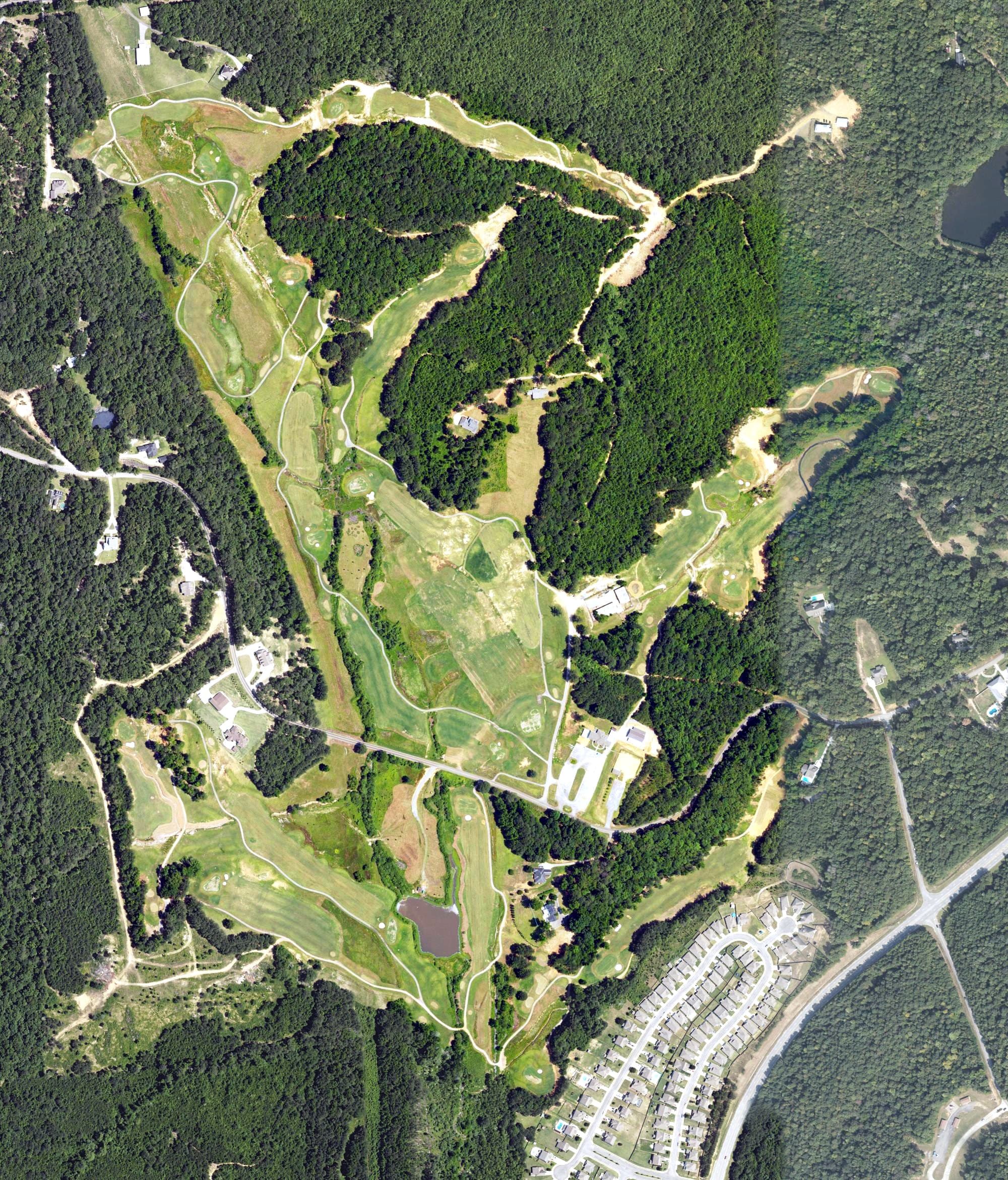 Aerial view of Hidden Meadows Golf Course, AL, with its hole routing marked