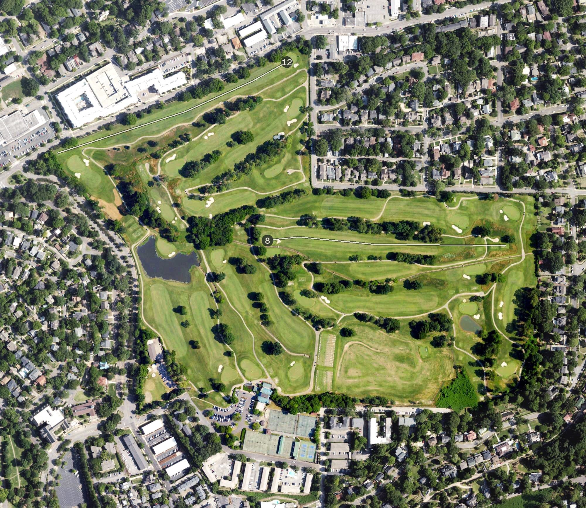 Aerial view of Highland Park Golf Course, AL, with its hole routing marked