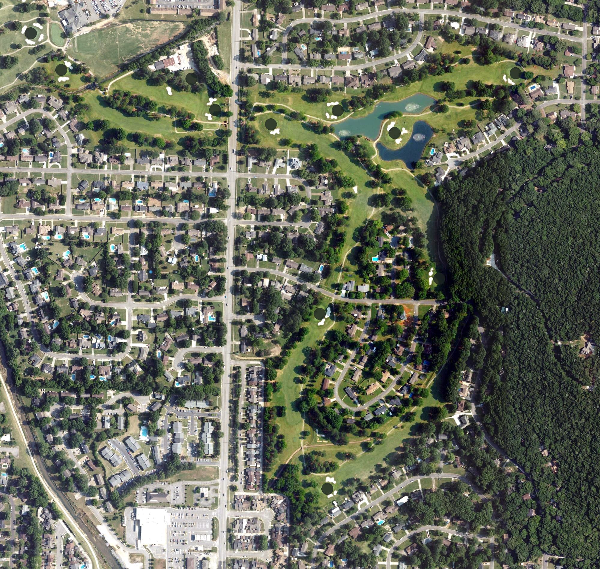 Aerial view of Hillside Golf Course, AL, with its hole routing marked
