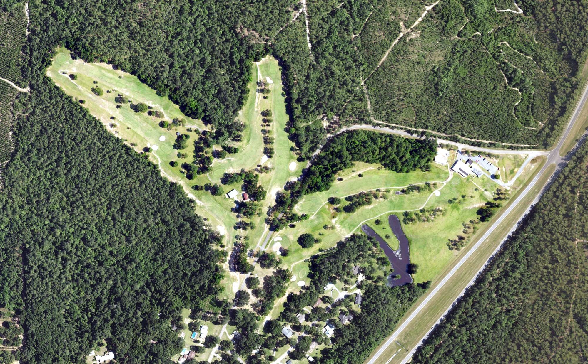 Aerial view of Holly Hills Country Club, AL, with its hole routing marked