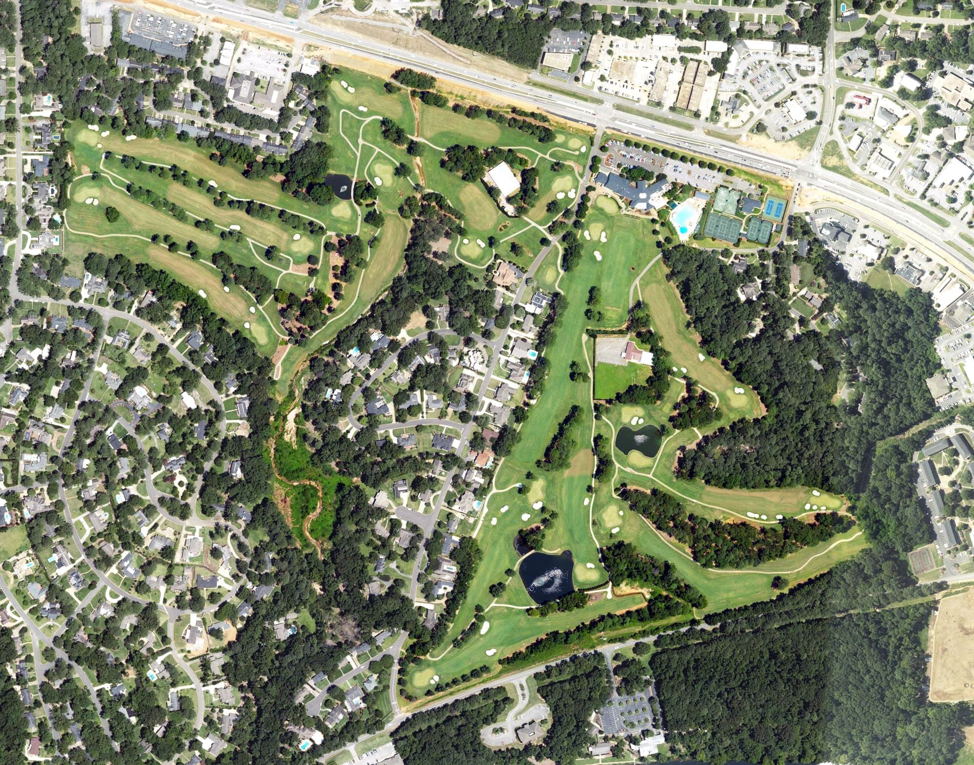 Aerial view of Indian Hills Golf Course, AL, with its hole routing marked