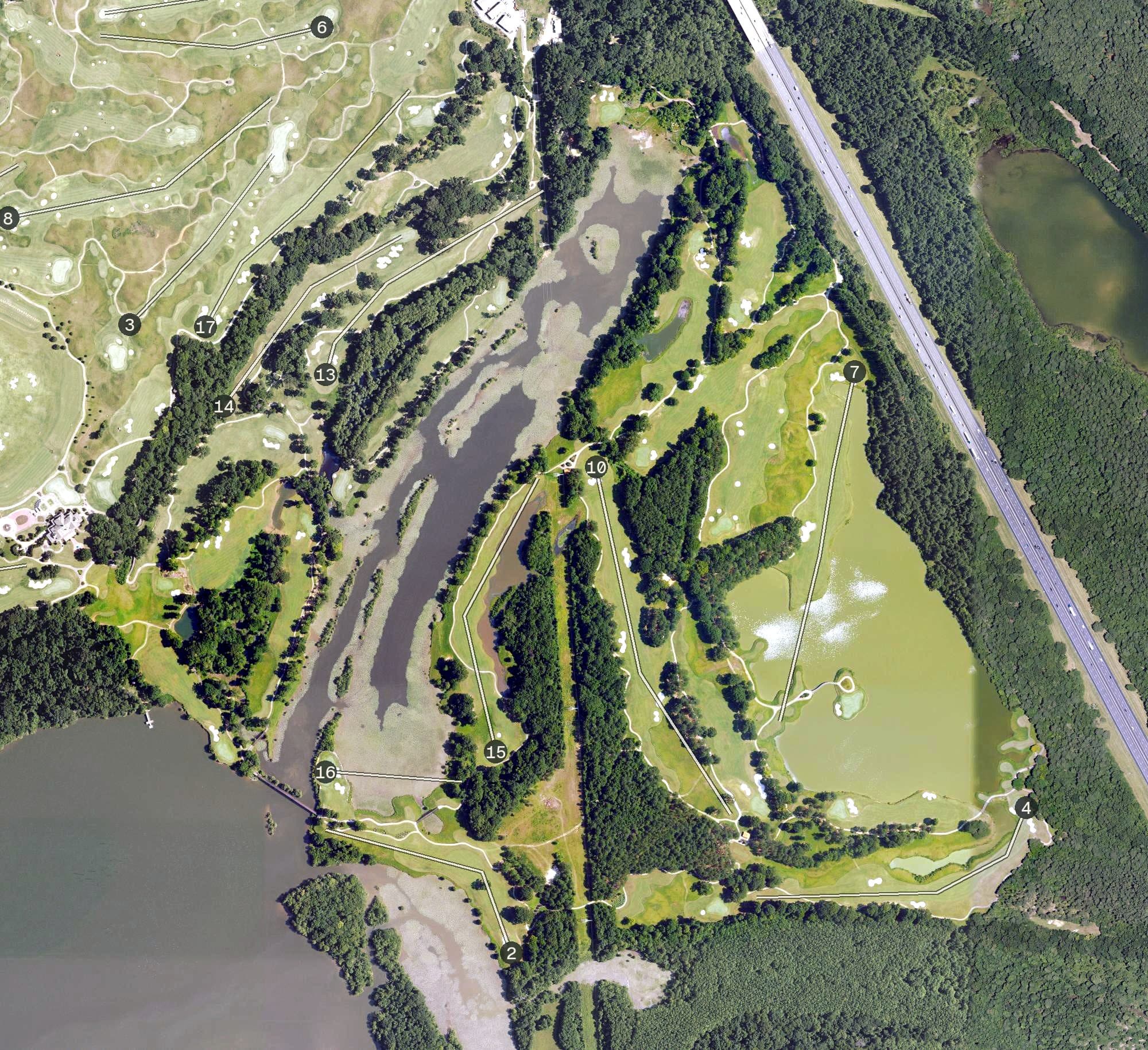 Aerial view of Judge, AL, with its hole routing marked