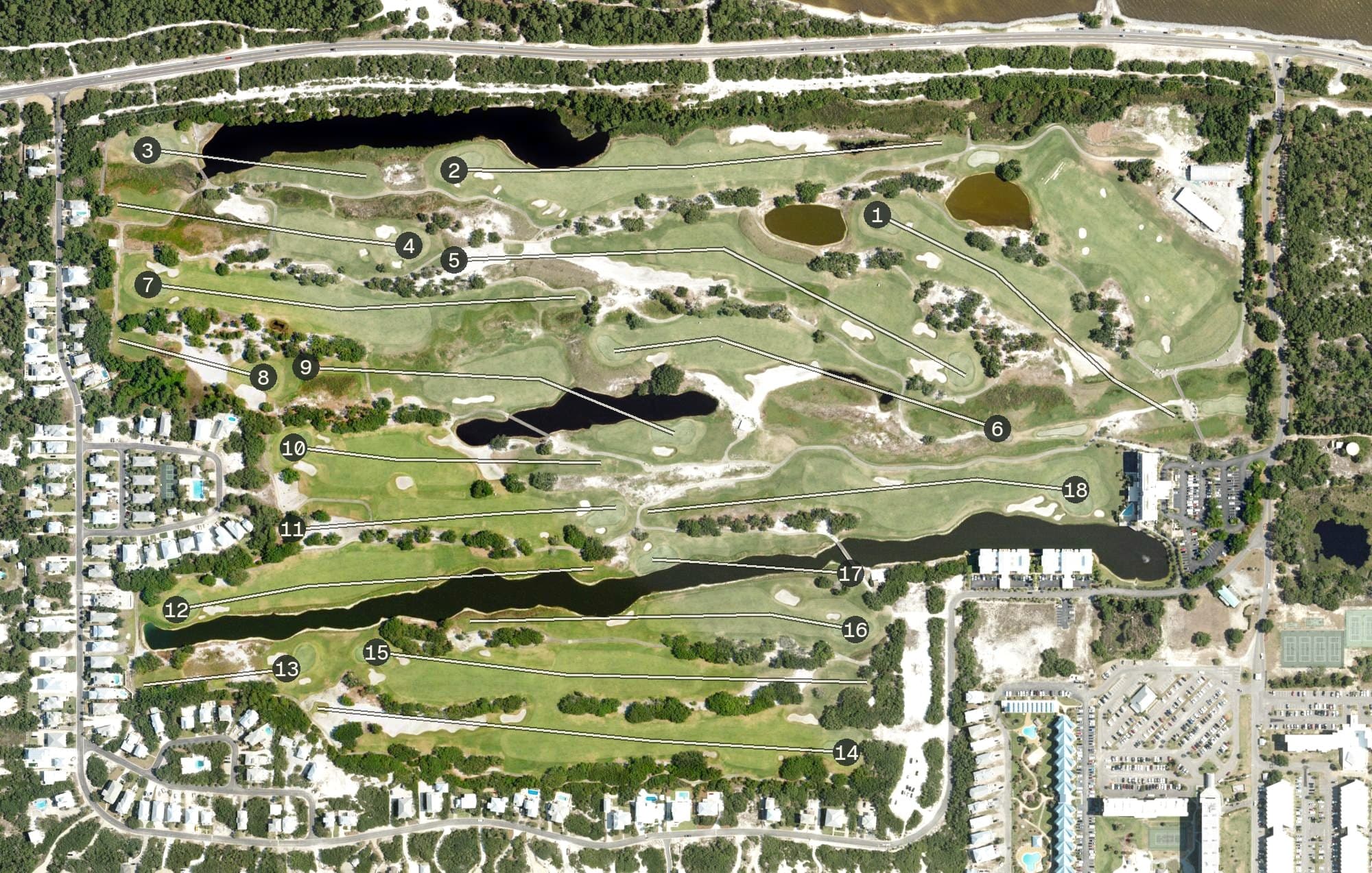 Aerial view of Kiva Dunes Golf Course, AL, with its hole routing marked