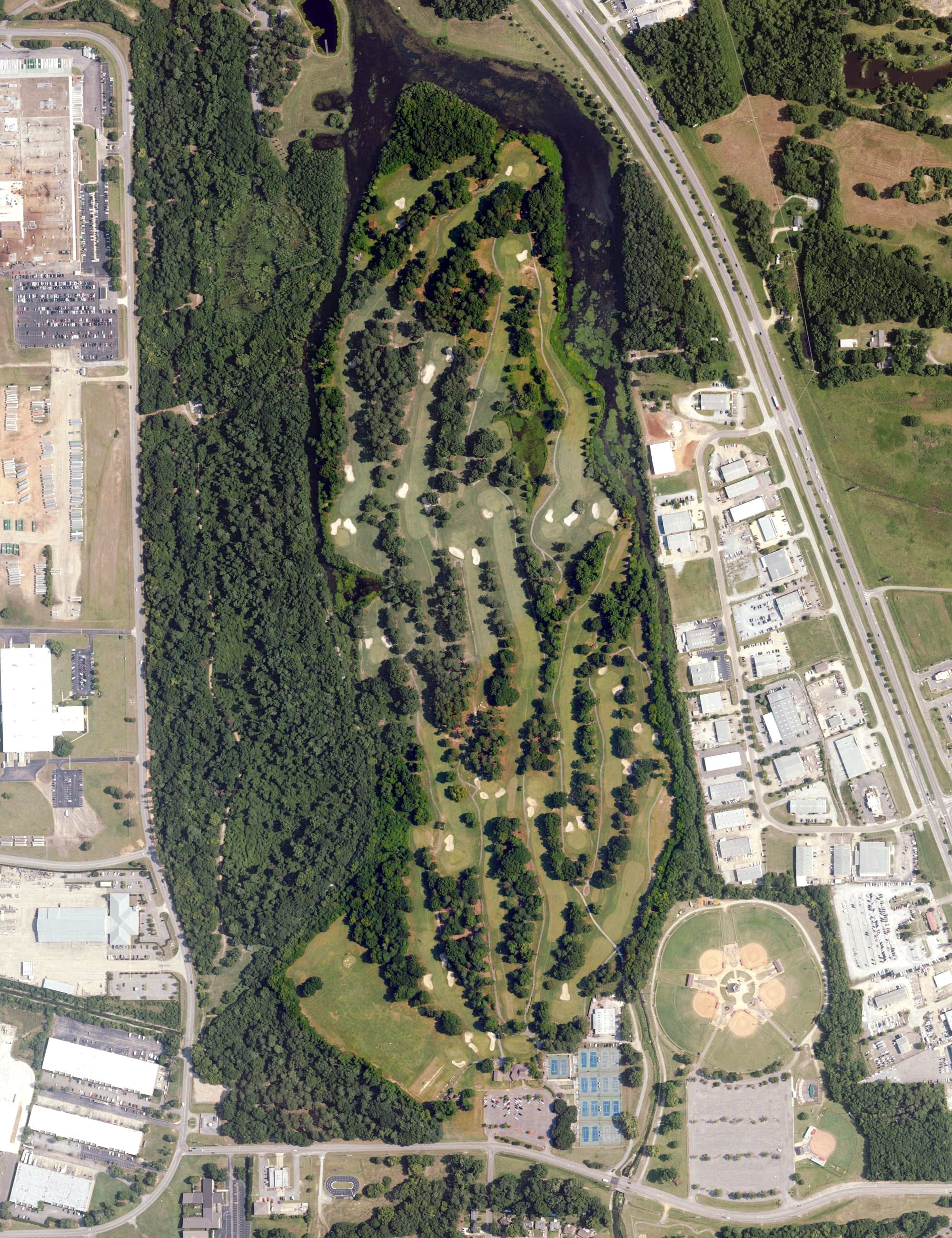 Aerial view of Lagoon Park Golf Course, AL, with its hole routing marked