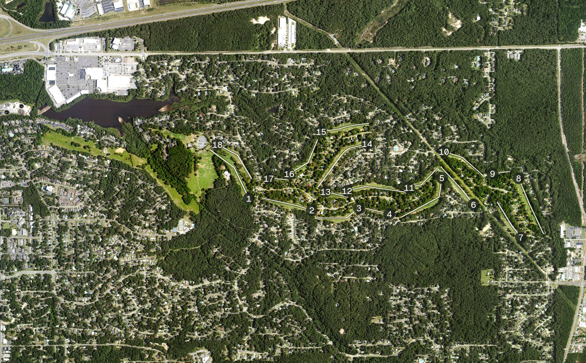 Aerial view of Lake Forest Golf Course, AL, with its hole routing marked
