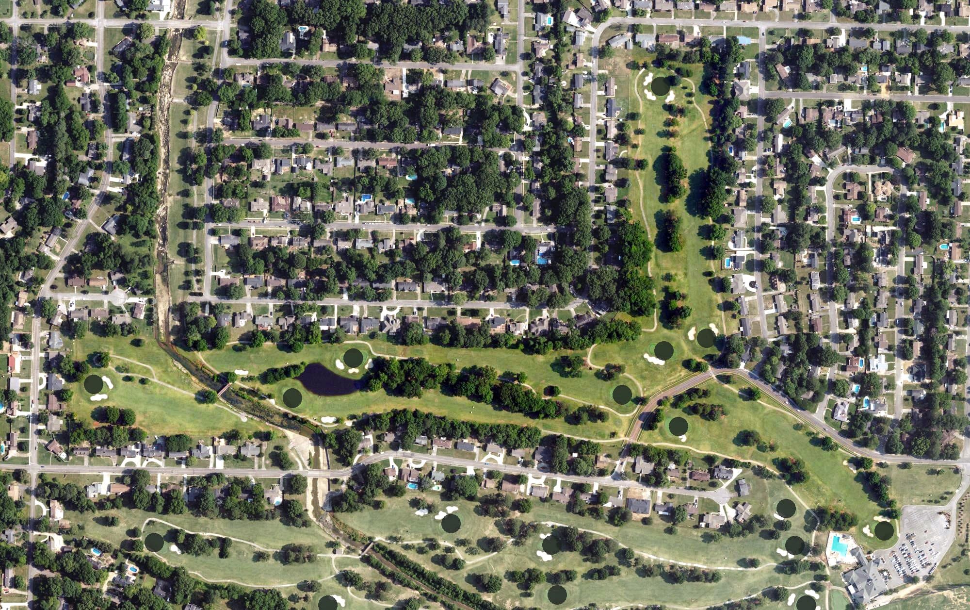 Aerial view of Lakeside Golf Course, AL, with its hole routing marked