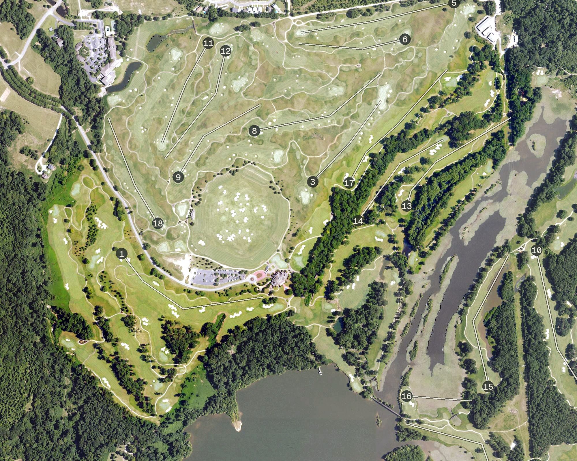 Aerial view of Legislator, AL, with its hole routing marked