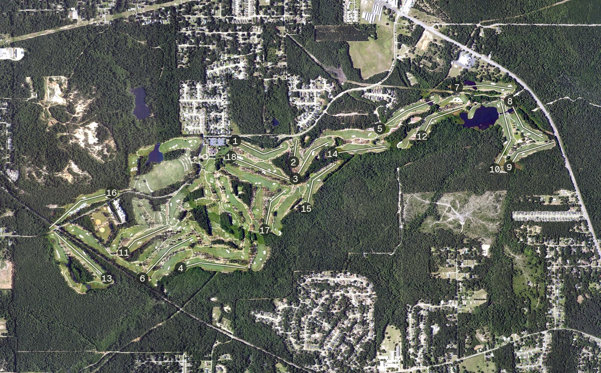 Aerial view of Magnolia Grove Golf Course, AL, with its hole routing marked