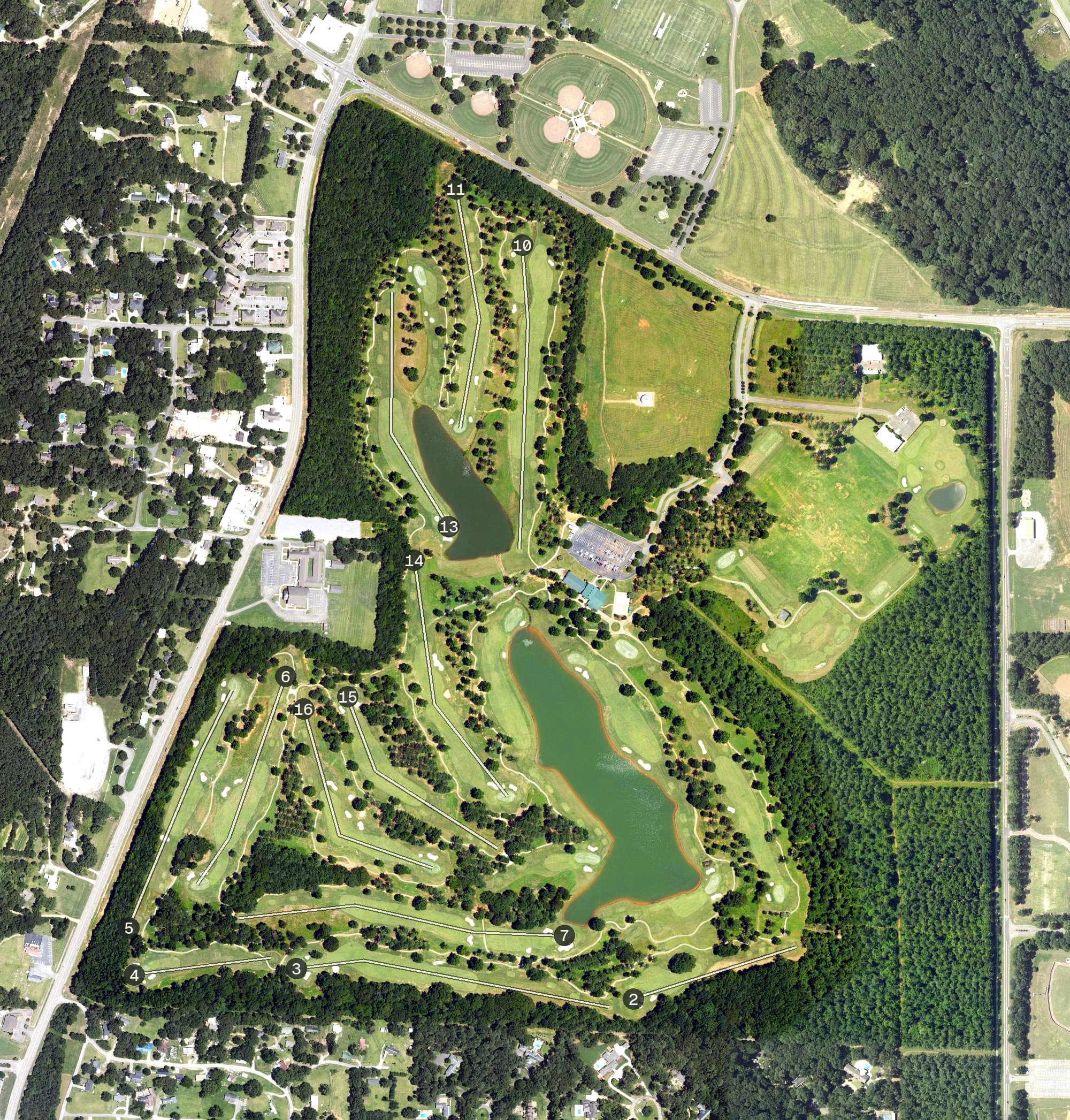 Aerial view of Ol' Colony Golf Complex, AL, with its hole routing marked