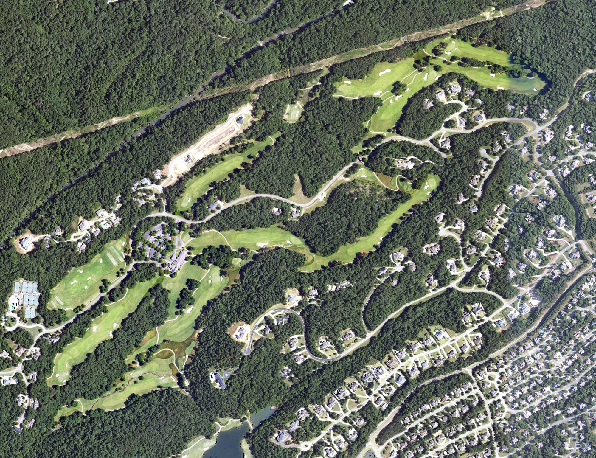 Aerial view of Old Overton Club, AL, with its hole routing marked