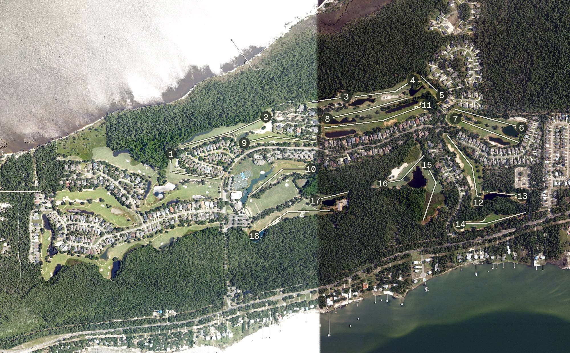 Aerial view of Peninsula Golf and Racquet Club, AL, with its hole routing marked
