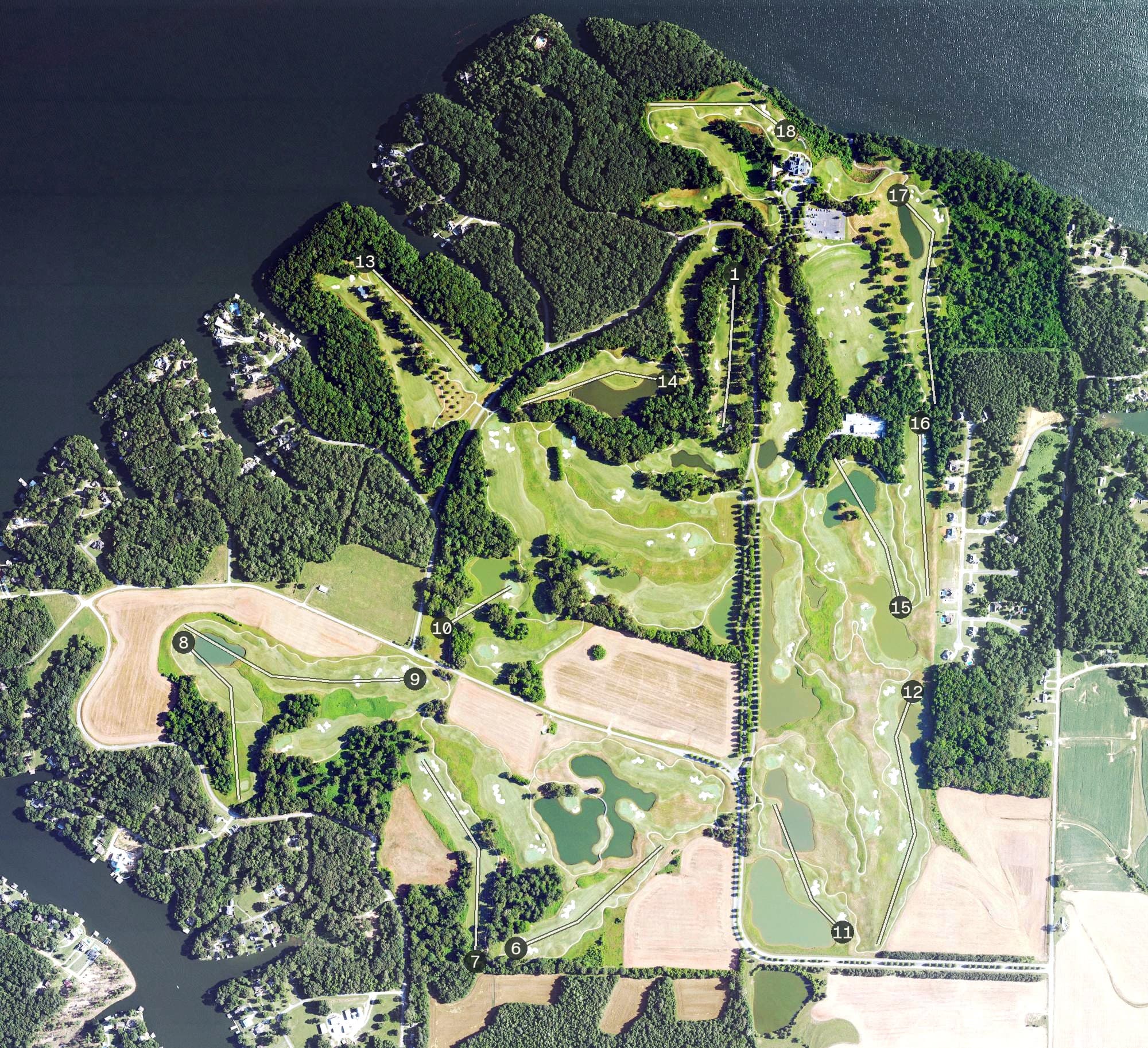 Aerial view of Robert Trent Jones Golf Trail at the Shoals, AL, with its hole routing marked