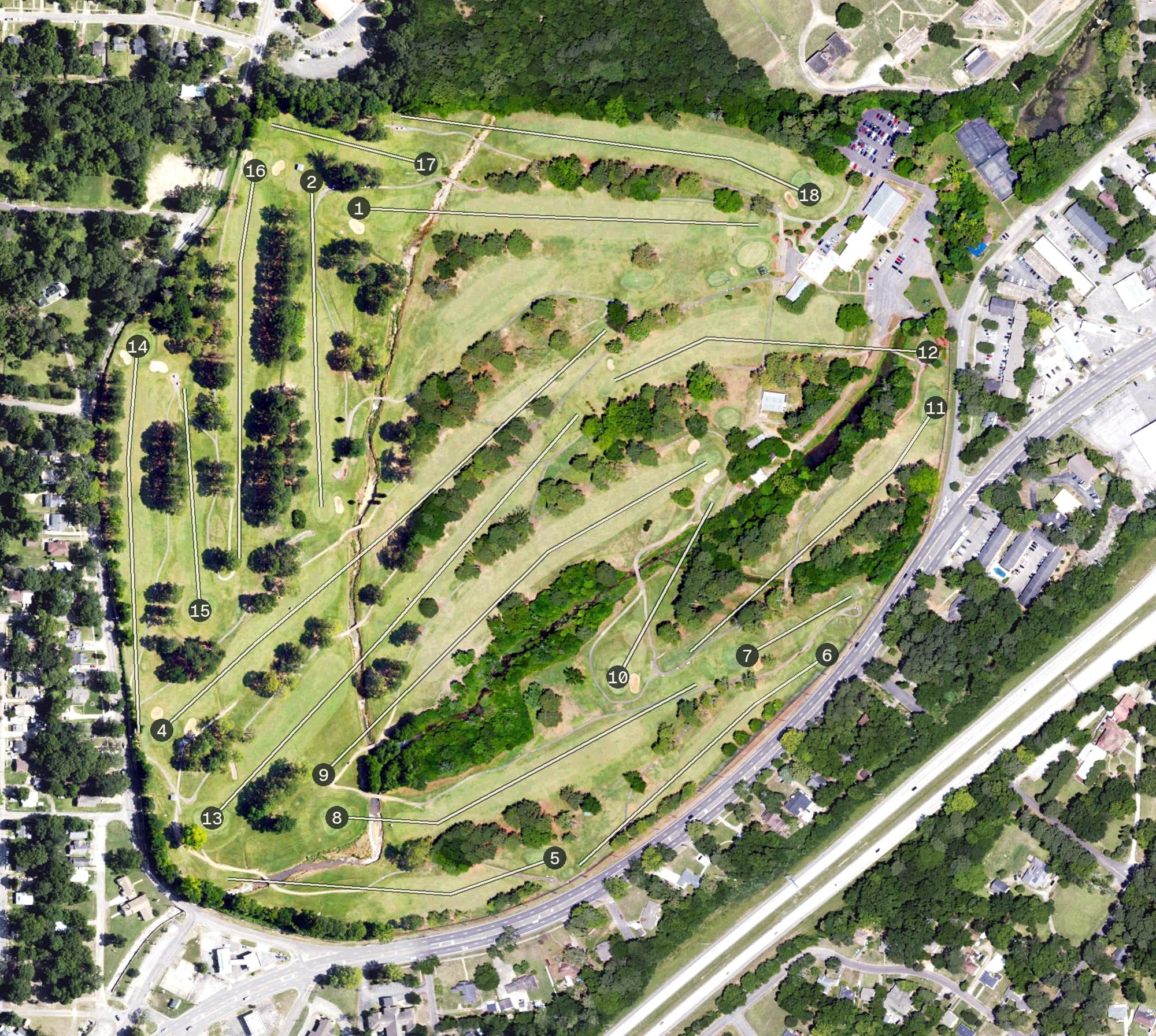 Aerial view of Roebuck Municipal Golf Course, AL, with its hole routing marked