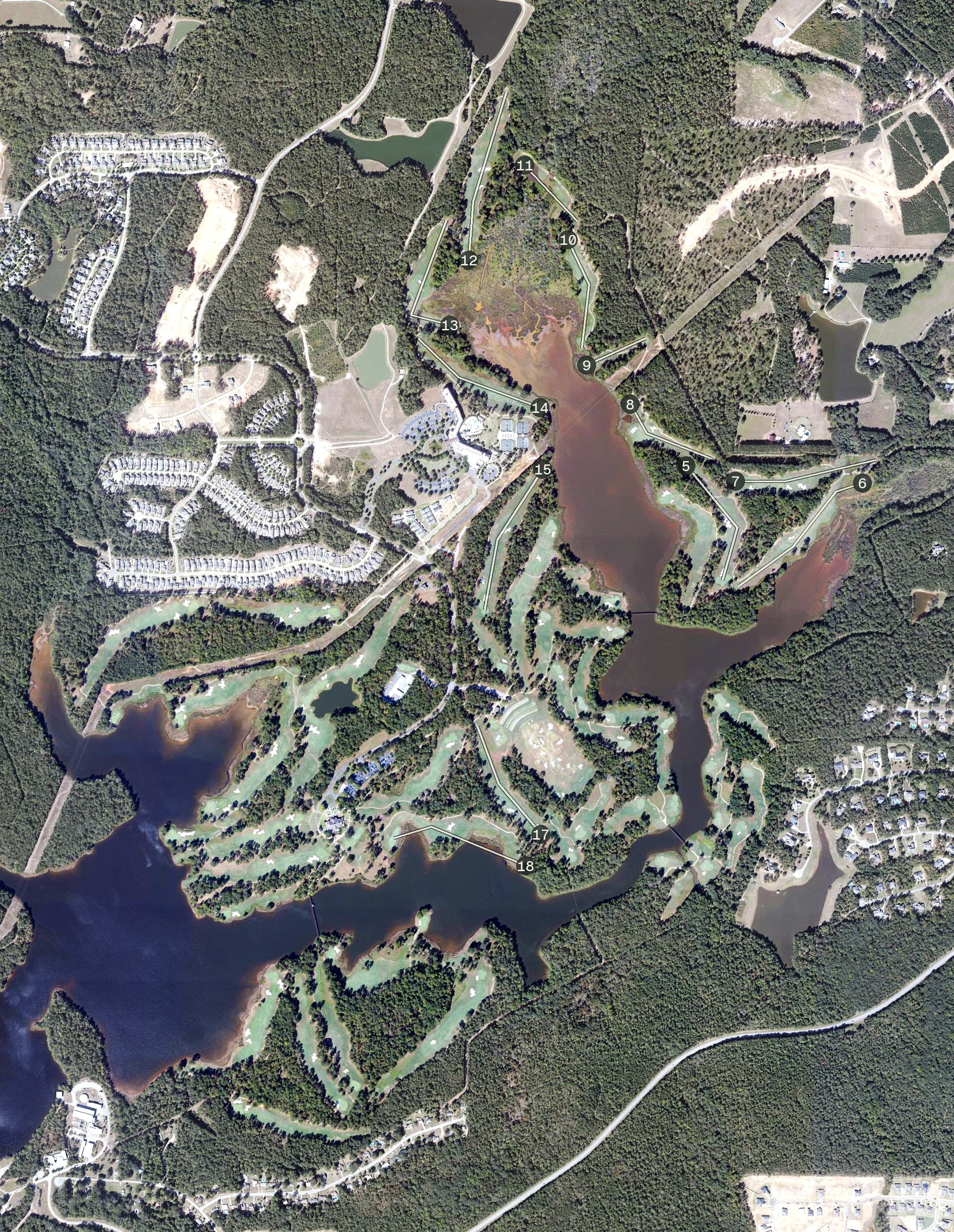 Aerial view of RTJ Grand National Golf, AL, with its hole routing marked