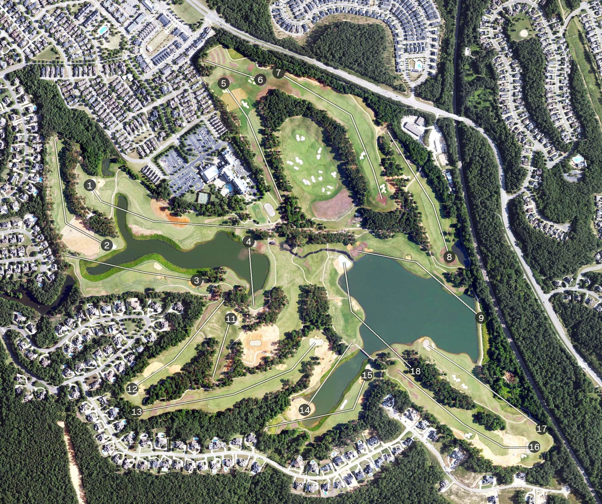 Aerial view of RTJ Ross Bridge Golf, AL, with its hole routing marked