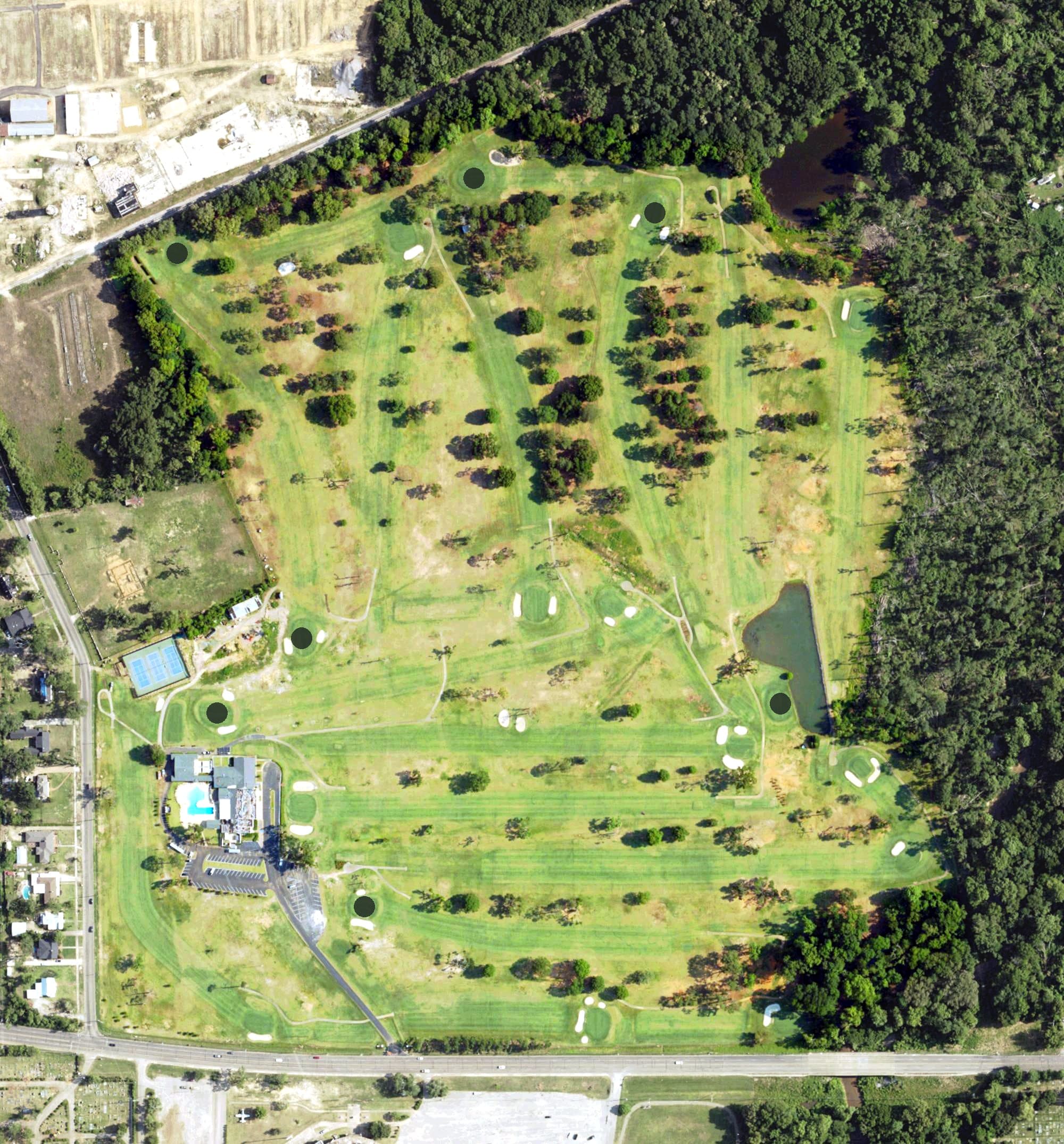 Aerial view of Selma Country Club, AL, with its hole routing marked