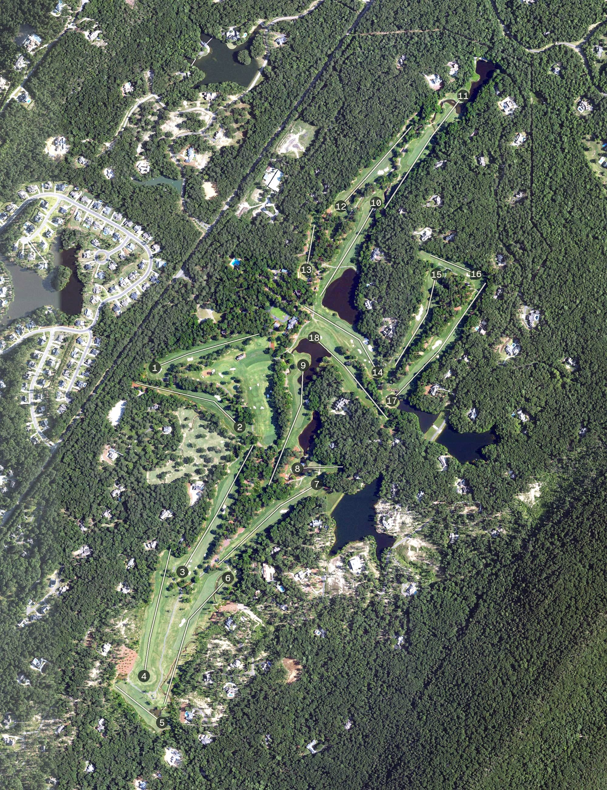 Aerial view of Shoal Creek, AL, with its hole routing marked