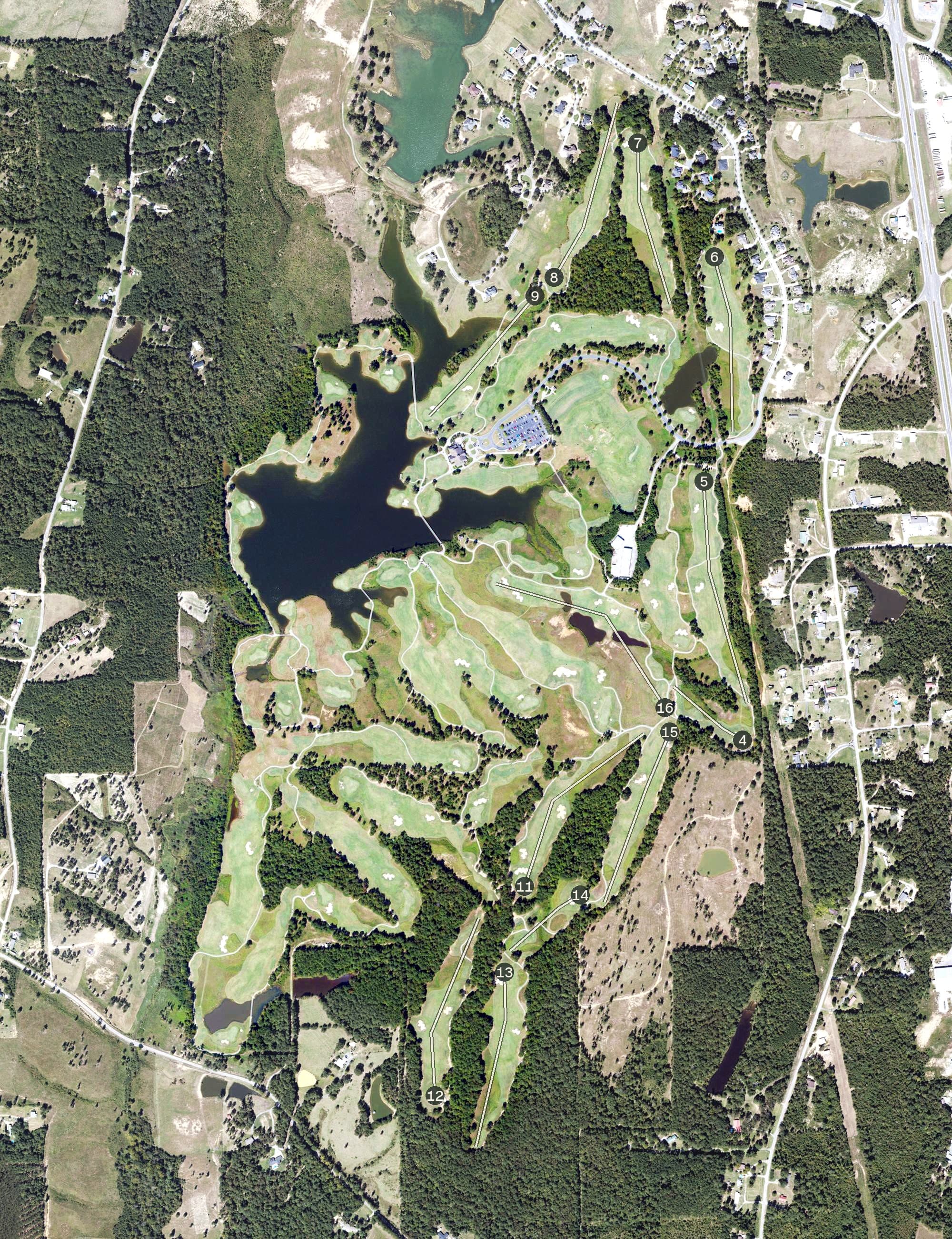 Aerial view of Silver Lakes, AL, with its hole routing marked