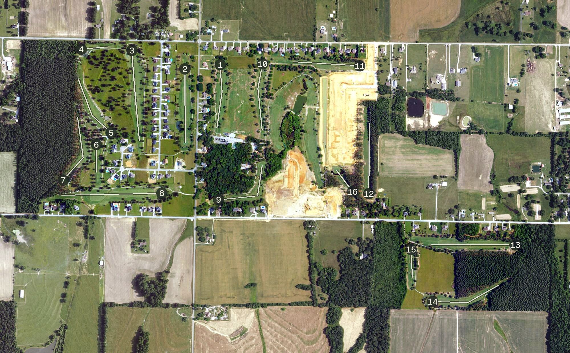 Aerial view of Southern Gayles Golf Club and Grill, AL, with its hole routing marked