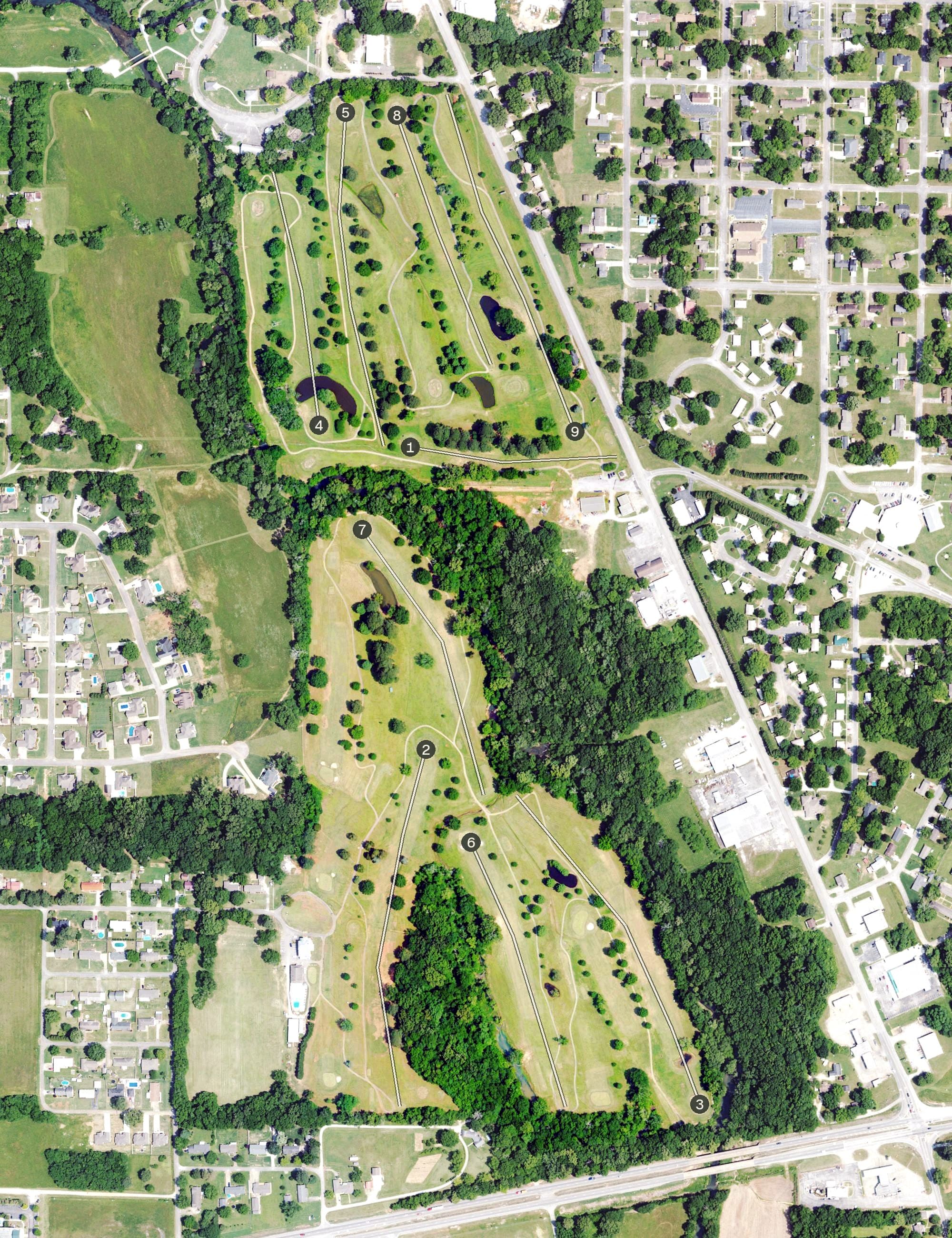Aerial view of Spring Creek Golf Course, AL, with its hole routing marked