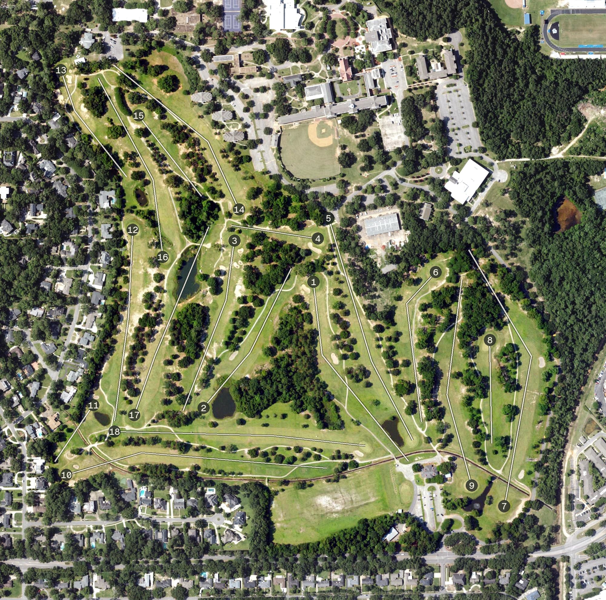 Aerial view of Spring Hill Golf Course, AL, with its hole routing marked