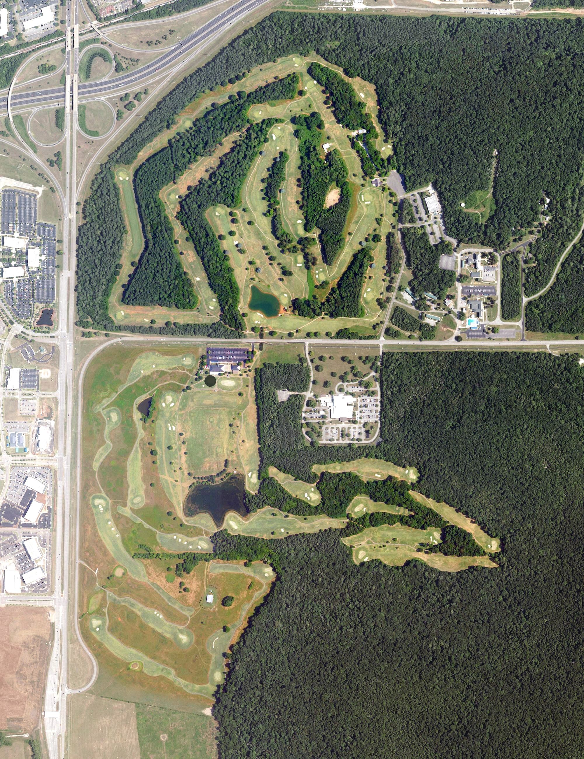 Aerial view of The Links at Redstone, AL, with its hole routing marked