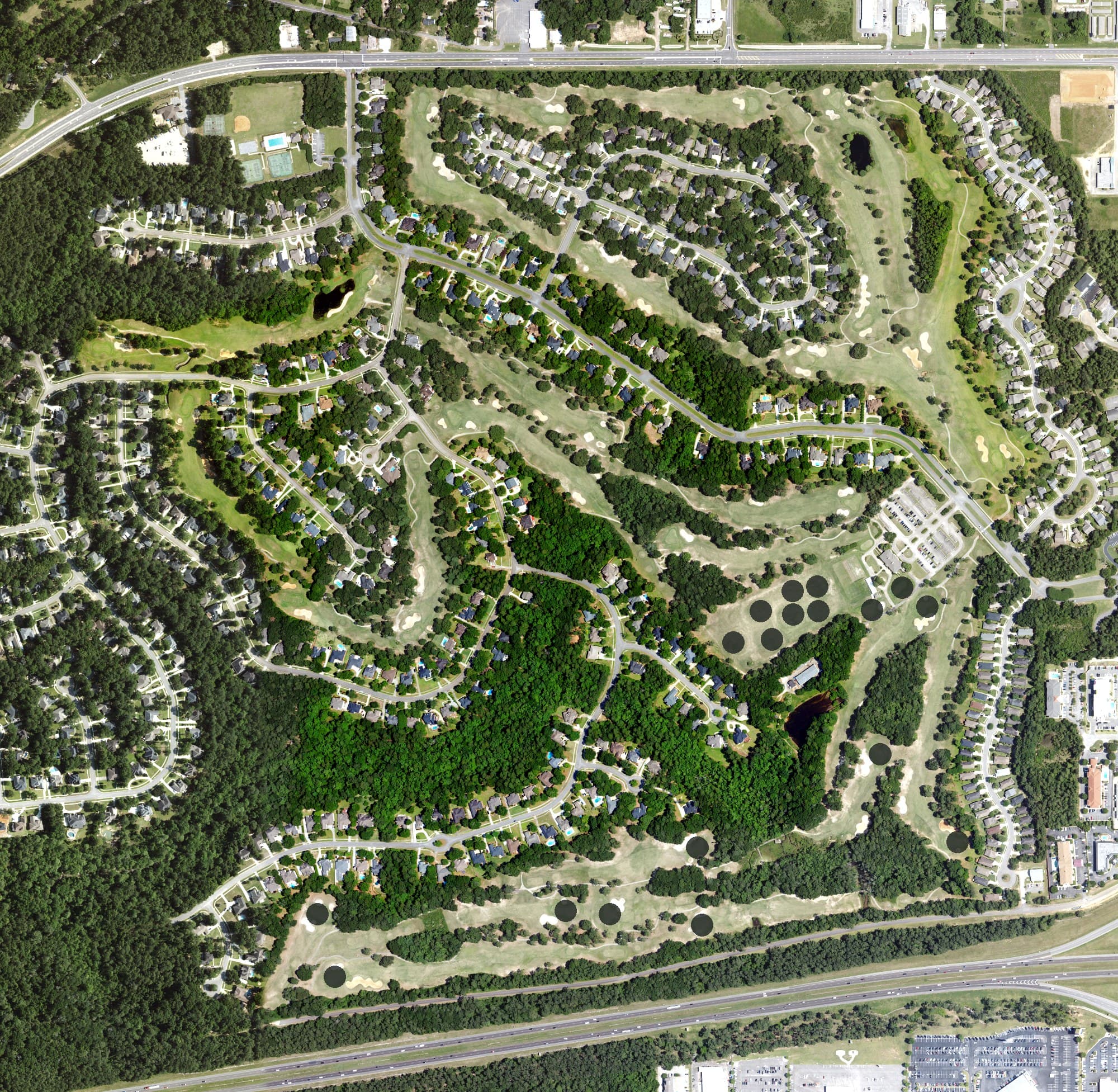 Aerial view of Timber Creek Golf Club, AL, with its hole routing marked