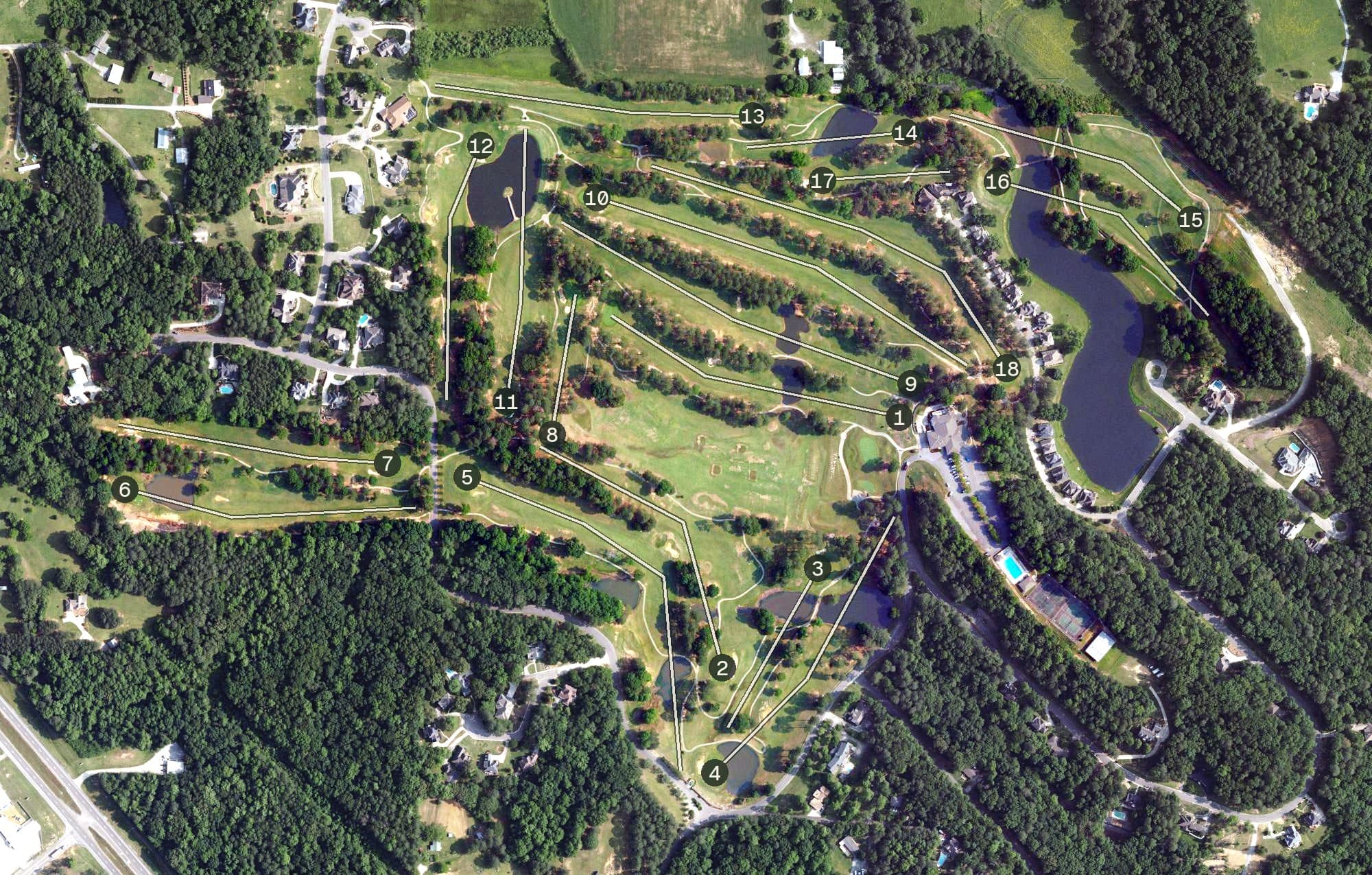 Aerial view of TP Country Club, AL, with its hole routing marked
