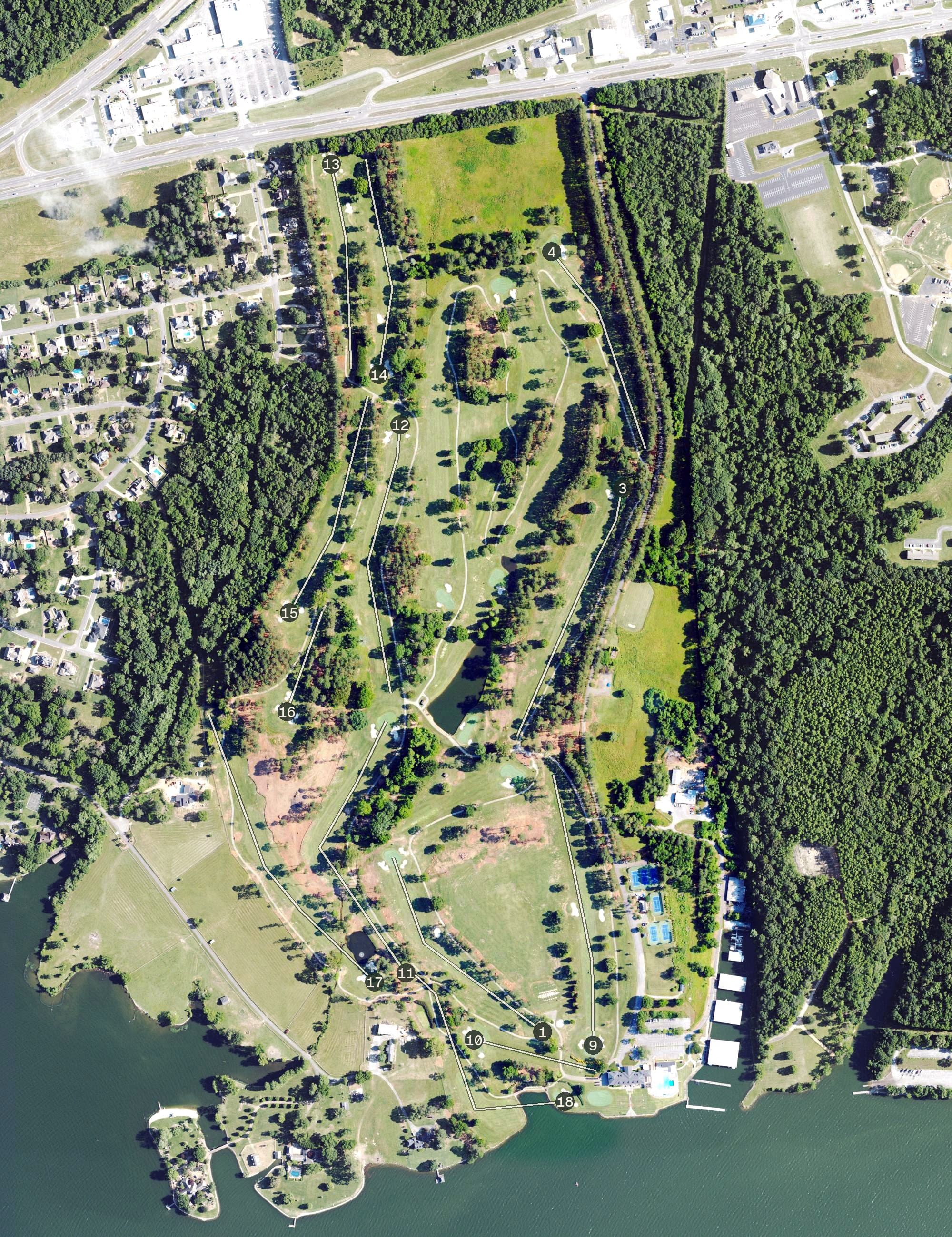 Aerial view of Turtle Point Yacht and Country Club, AL, with its hole routing marked
