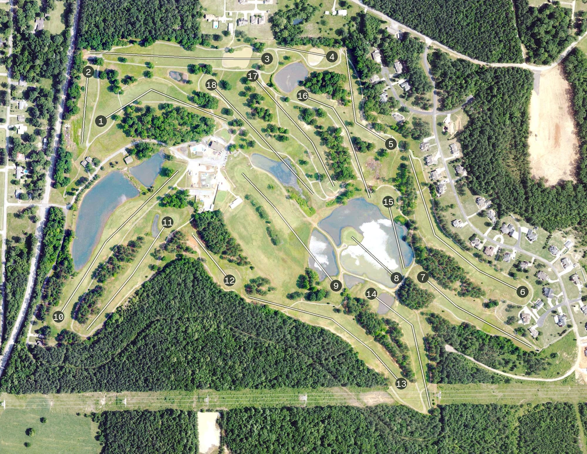 Aerial view of Twin Pines Golf Course, AL, with its hole routing marked