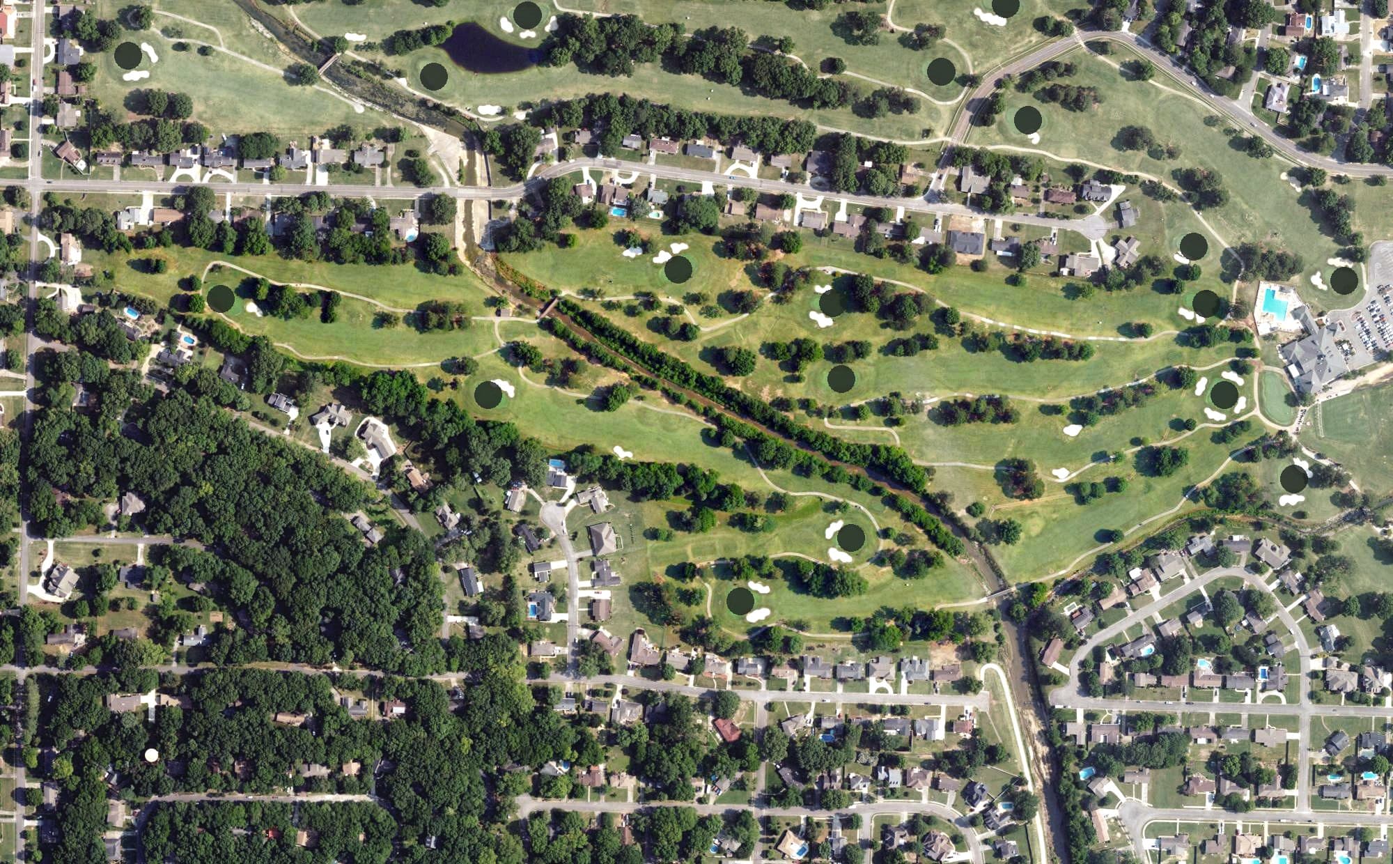 Aerial view of Valleyside Golf Course, AL, with its hole routing marked