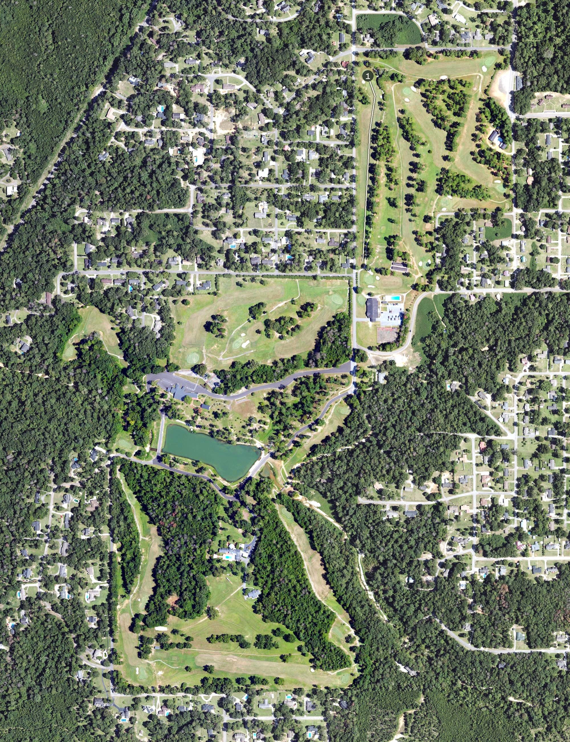Aerial view of Vanity Fair Golf and Tennis Club, AL, with its hole routing marked