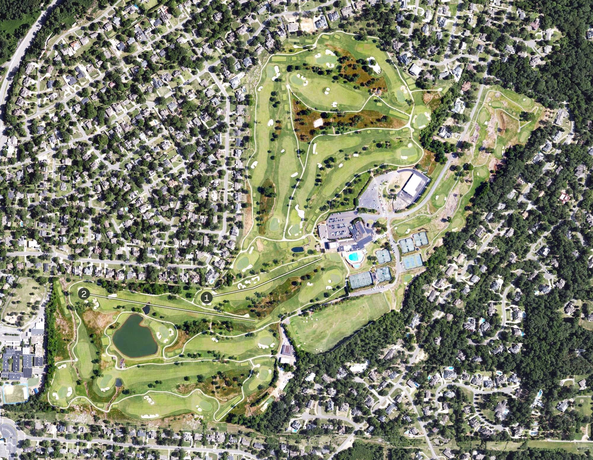 Aerial view of Vestavia Country Club, AL, with its hole routing marked